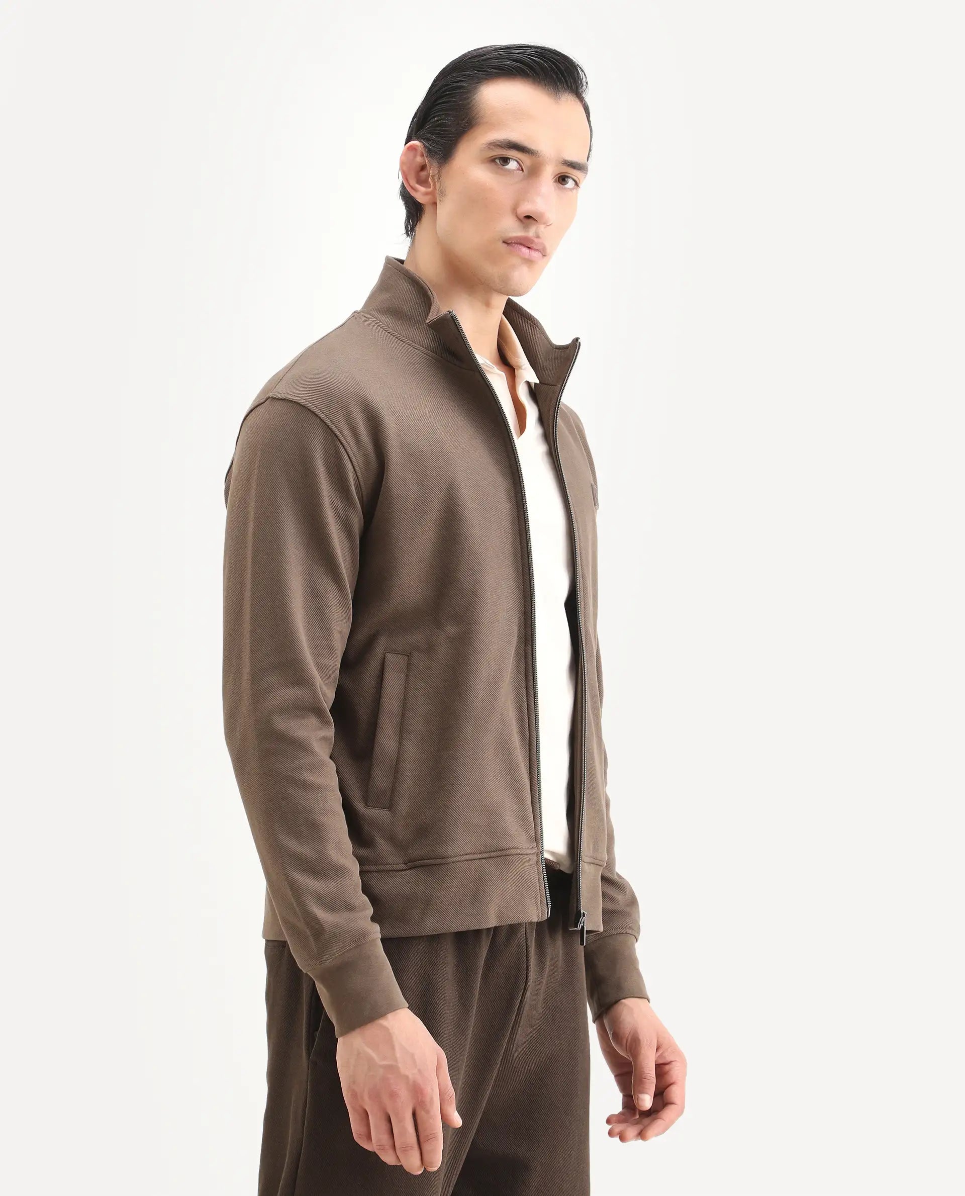 Rare Rabbit Men's Costo-J Dark Beige Polyester Blend Plain Relaxed Fit Full Sleeve High Neck Sweatshirt