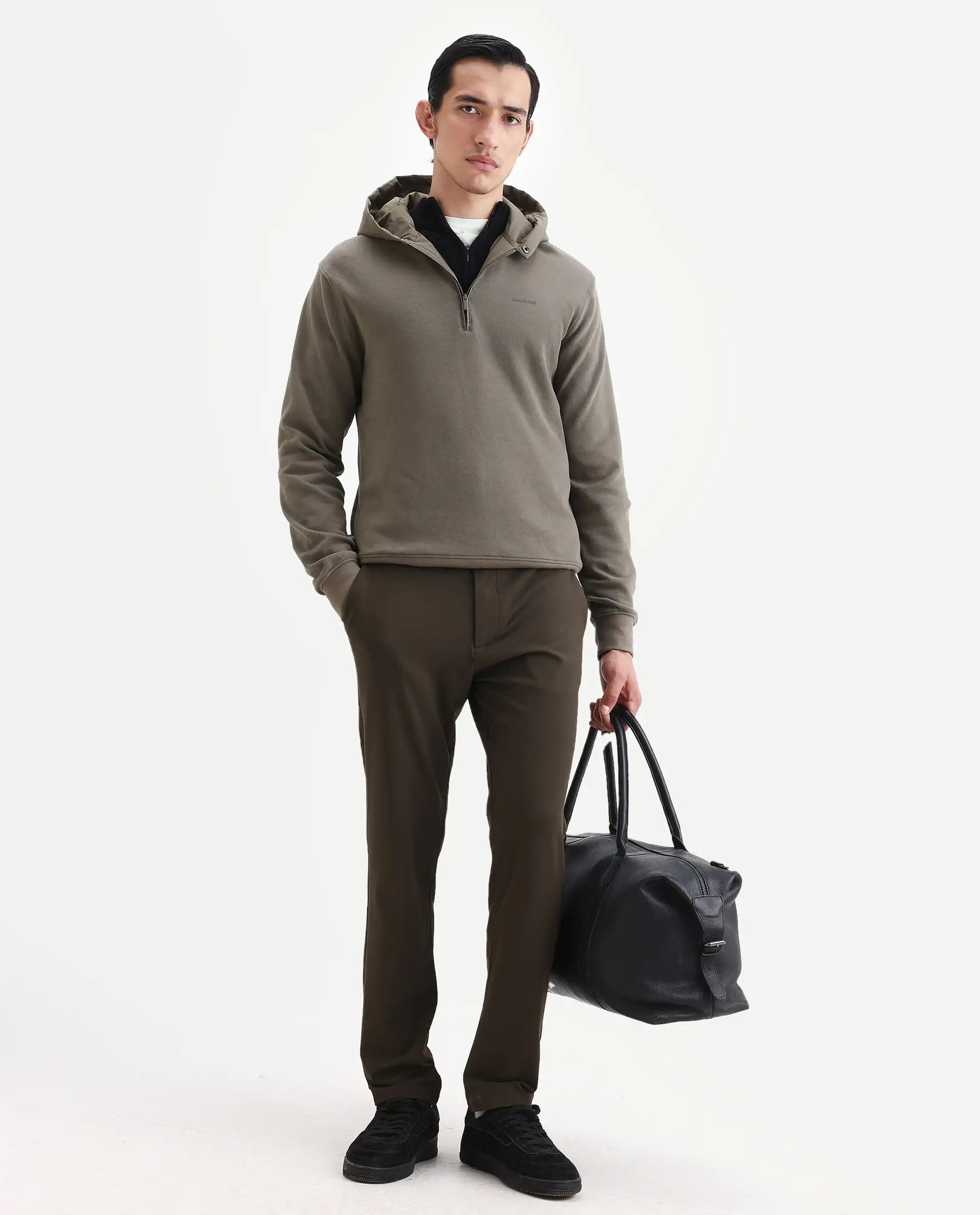 Rare Rabbit Men's Ephin-T Dark Olive Cotton Blend Plain Regular Fit Full Sleeve Hooded Sweatshirt