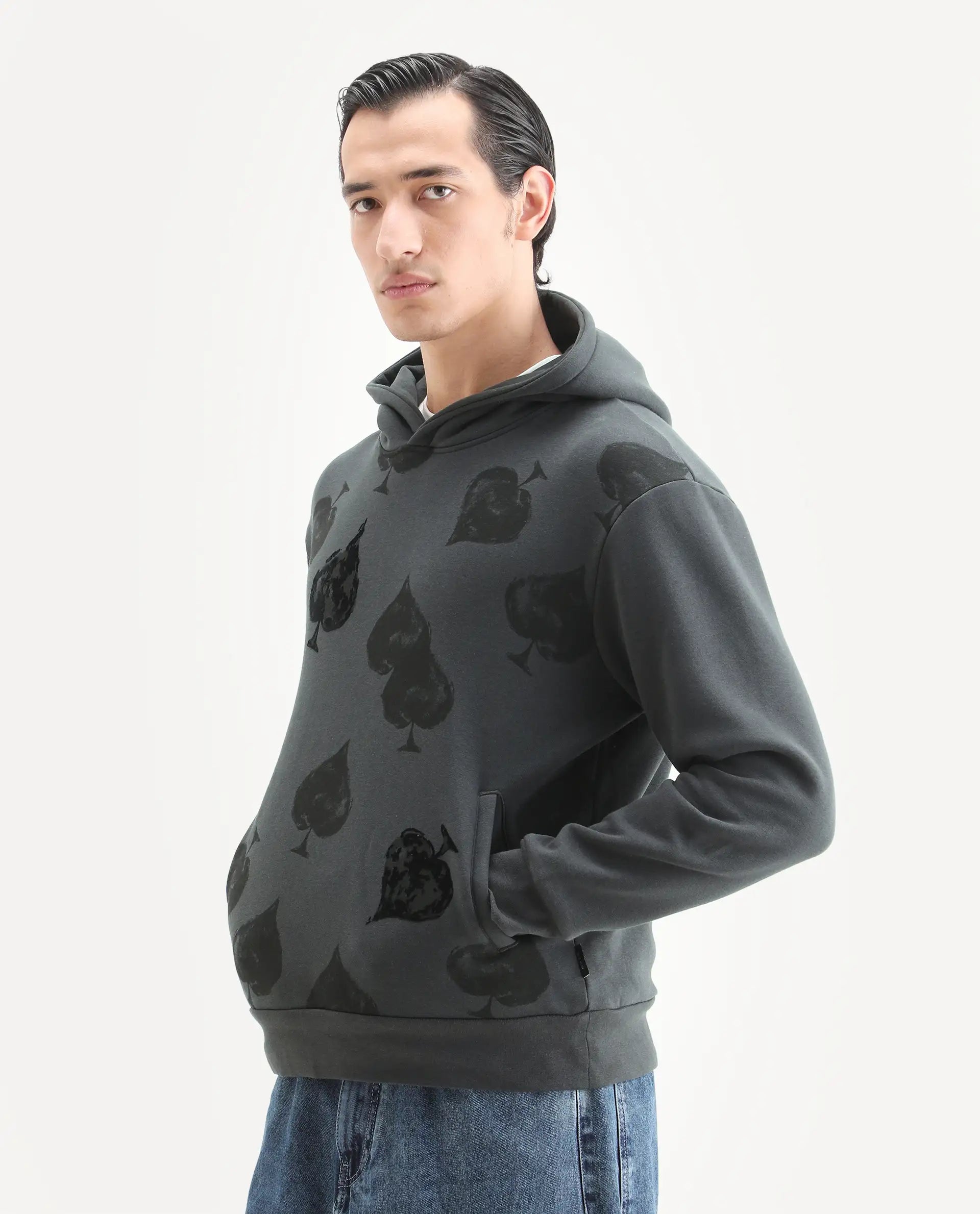 Rare Rabbit Men's Nexa Dark Grey Cotton Blend Graphic Print Relaxed Fit Full Sleeve Hooded Sweatshirt
