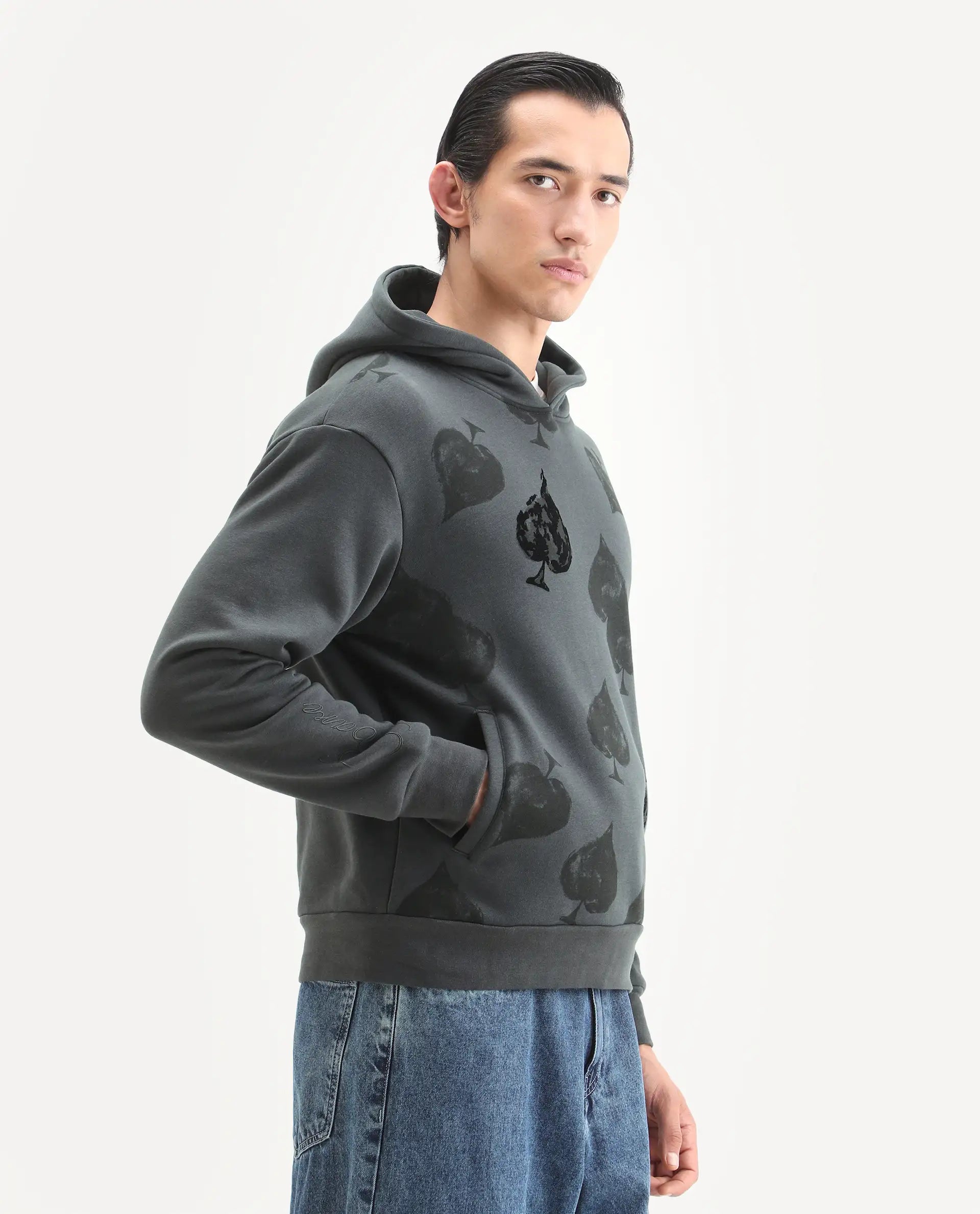 Rare Rabbit Men's Nexa Dark Grey Cotton Blend Graphic Print Relaxed Fit Full Sleeve Hooded Sweatshirt