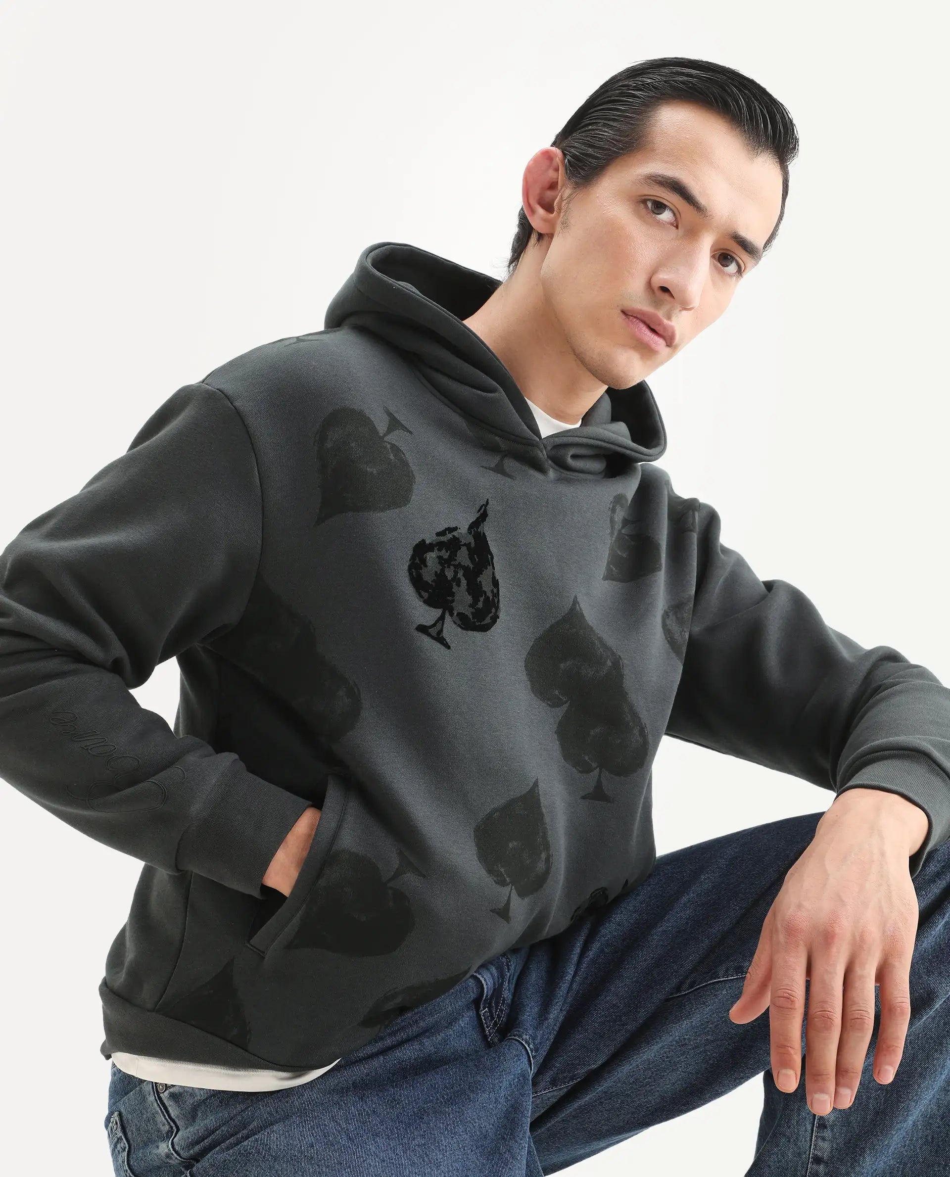 Rare Rabbit Men's Nexa Dark Grey Cotton Blend Graphic Print Relaxed Fit Full Sleeve Hooded Sweatshirt