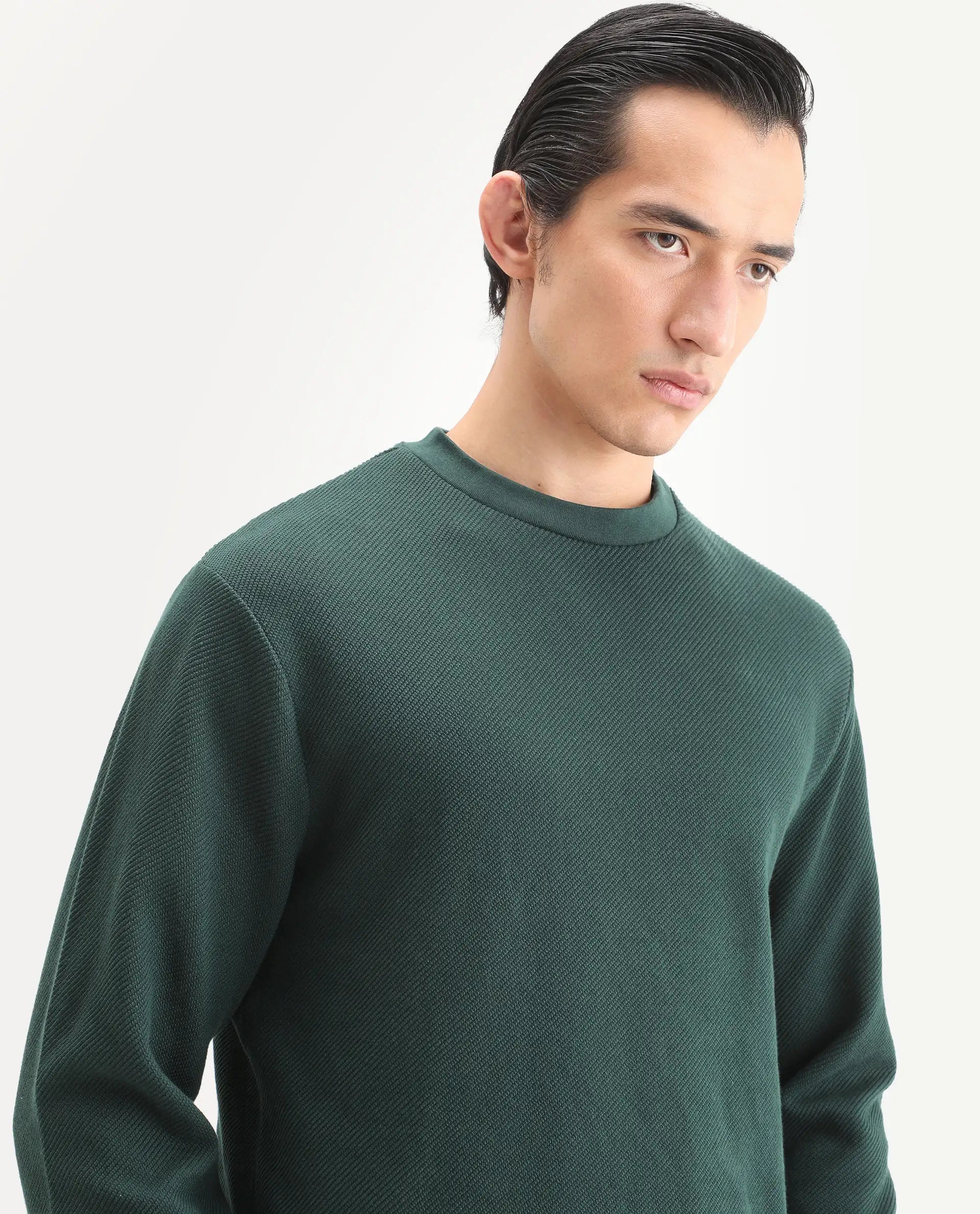 Rare Rabbit Men's Nial Dark Green Polyester Blend Plain Regular Fit Full Sleeve Crew Neck Sweatshirt