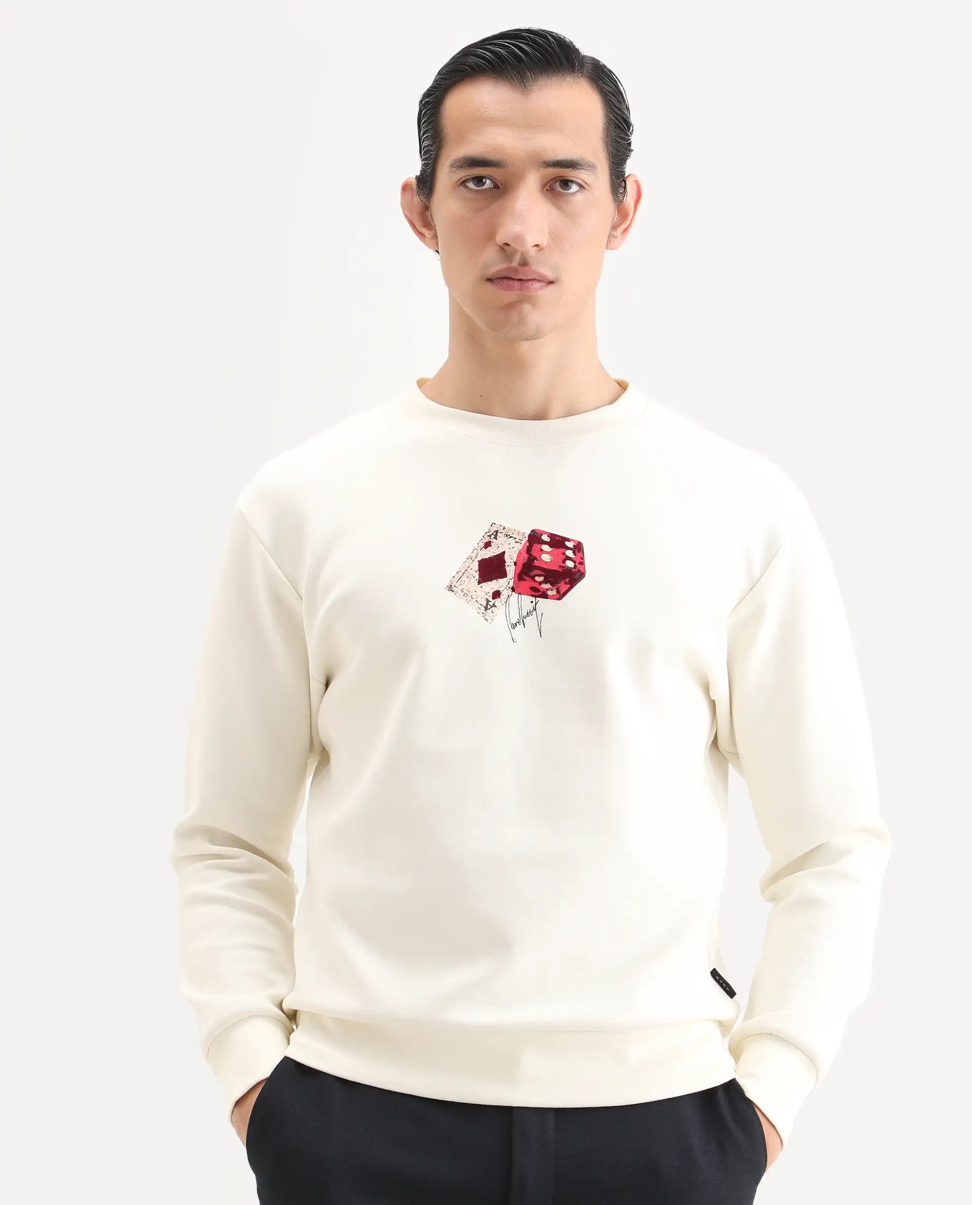 Rare Rabbit Men's Plex Off White Cotton Blend Graphic Print Relaxed Fit Full Sleeve Crew Neck Sweatshirt