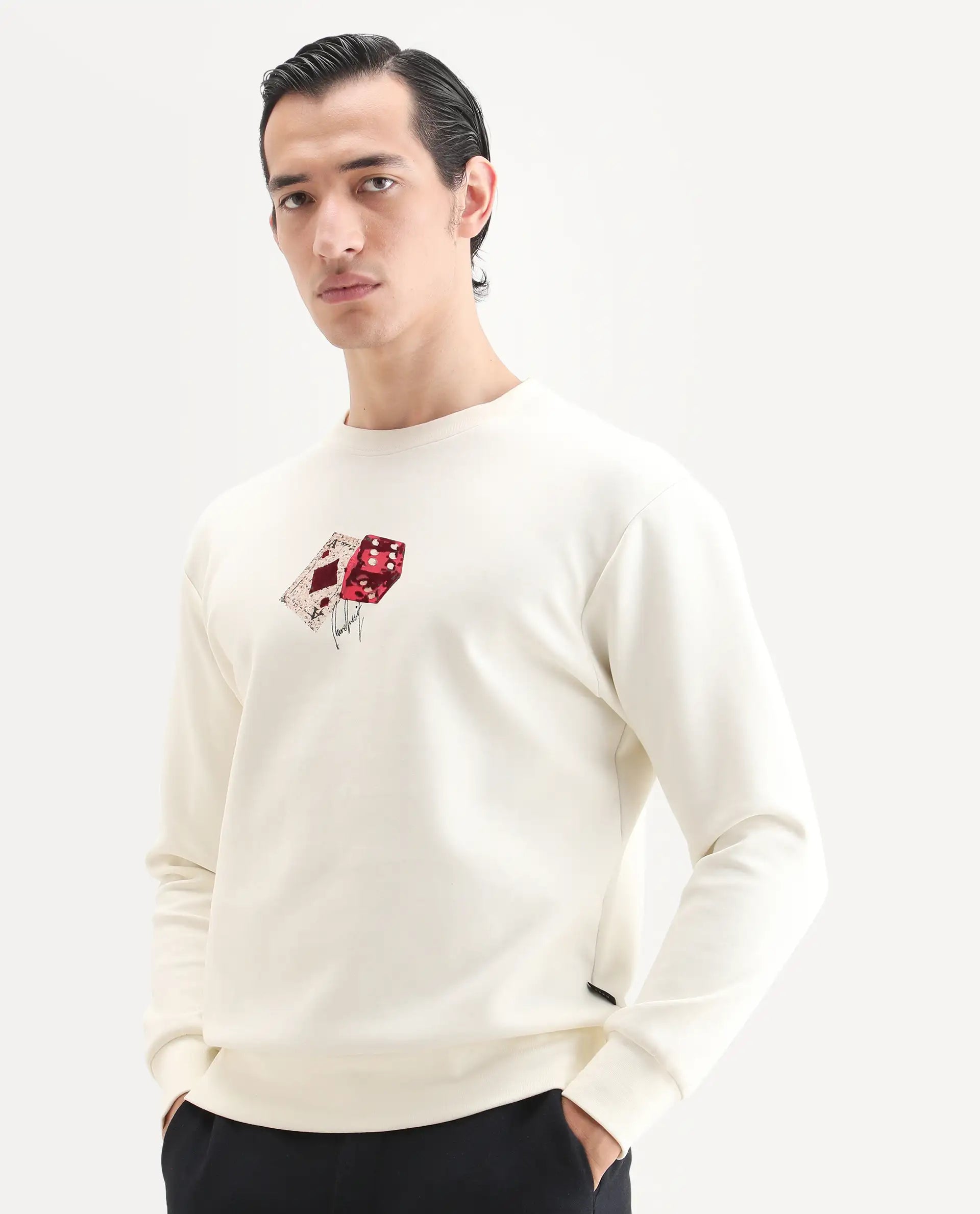 Rare Rabbit Men's Plex Off White Cotton Blend Graphic Print Relaxed Fit Full Sleeve Crew Neck Sweatshirt