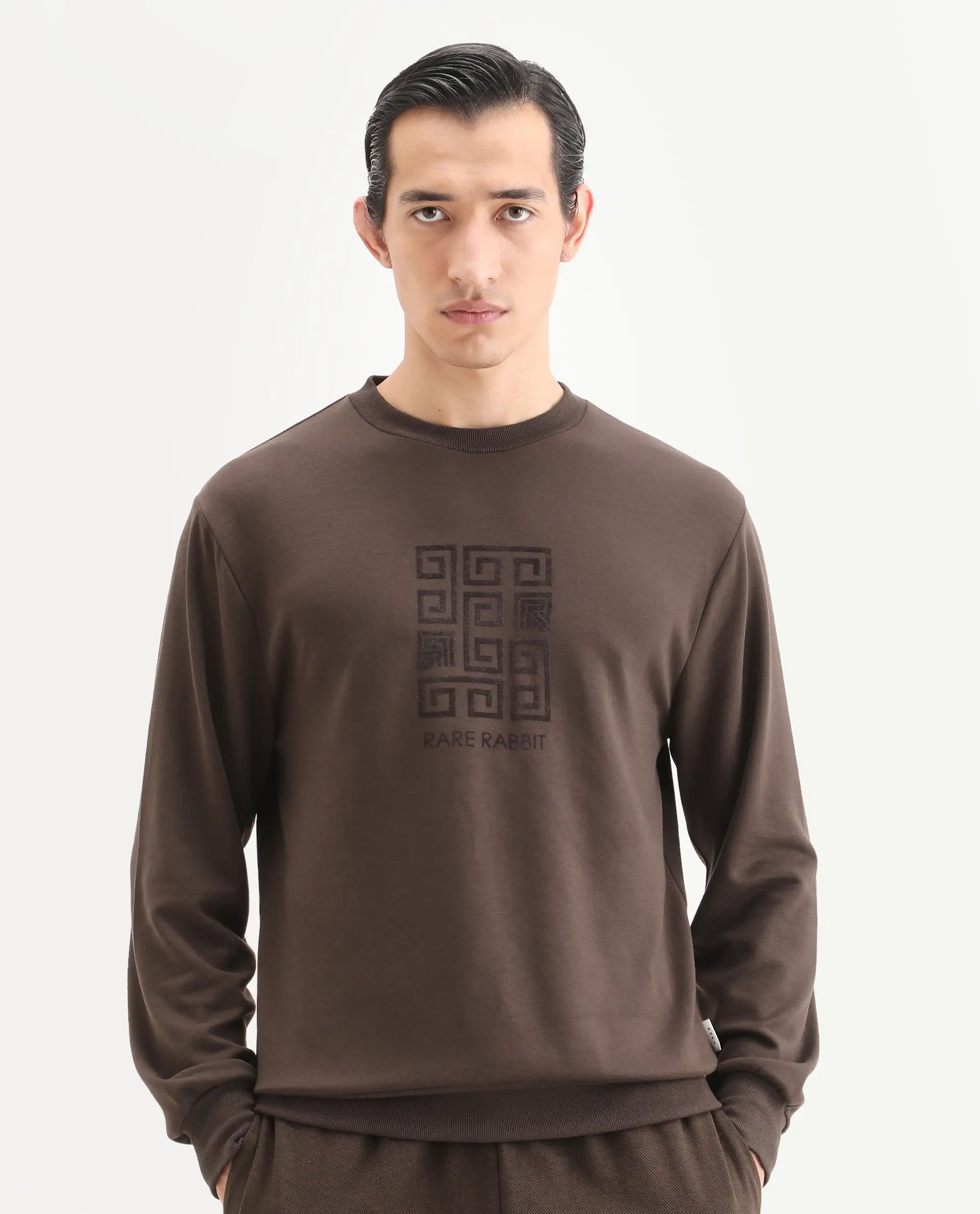 Rare Rabbit Men's Rexot Dusky Brown Modal Blend Typography Print Regular Fit Full Sleeve Crew Neck Sweatshirt