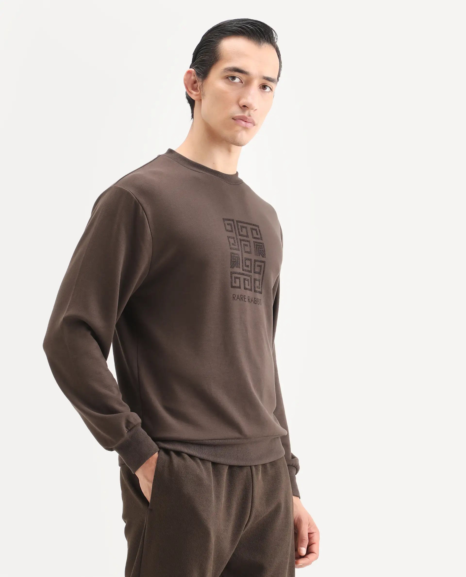 Rare Rabbit Men's Rexot Dusky Brown Modal Blend Typography Print Regular Fit Full Sleeve Crew Neck Sweatshirt