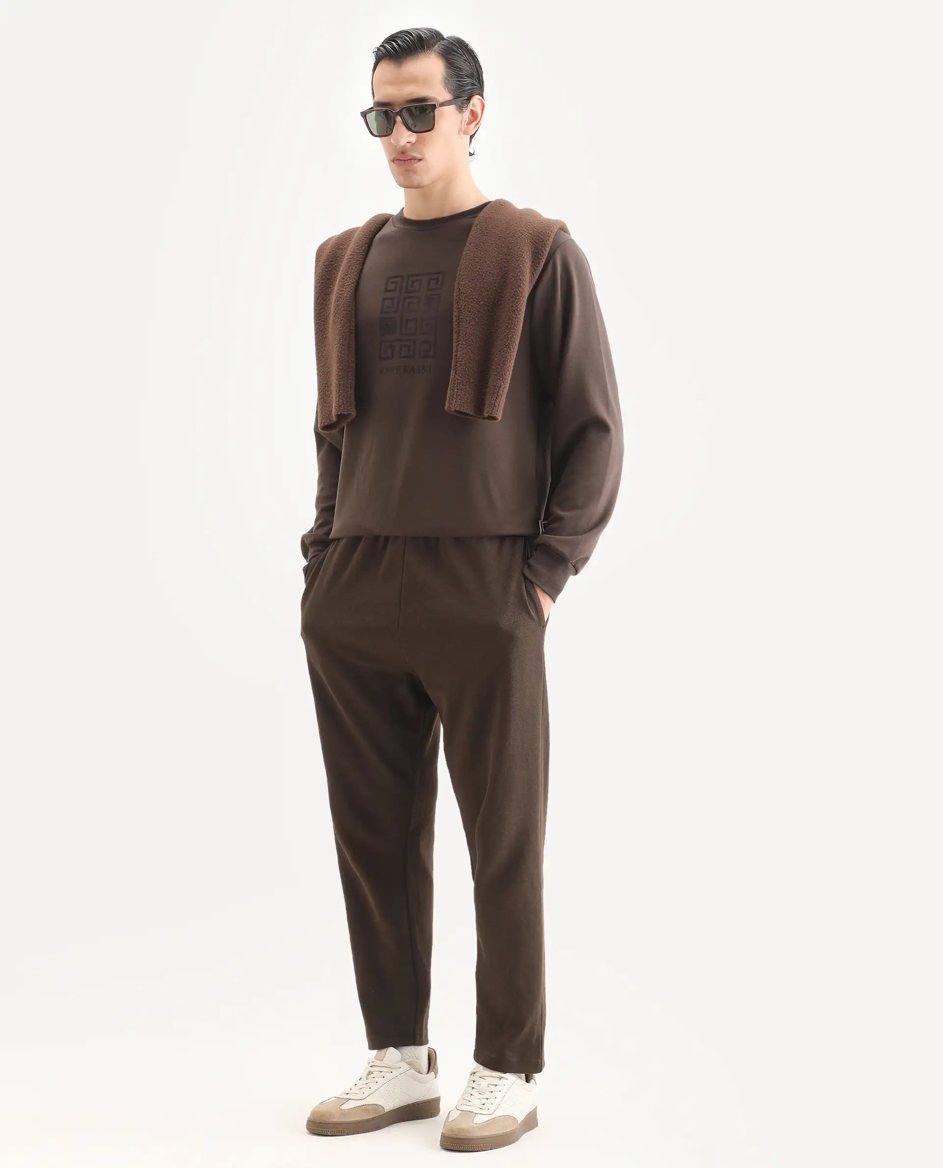 Rare Rabbit Men's Rexot Dusky Brown Modal Blend Typography Print Regular Fit Full Sleeve Crew Neck Sweatshirt