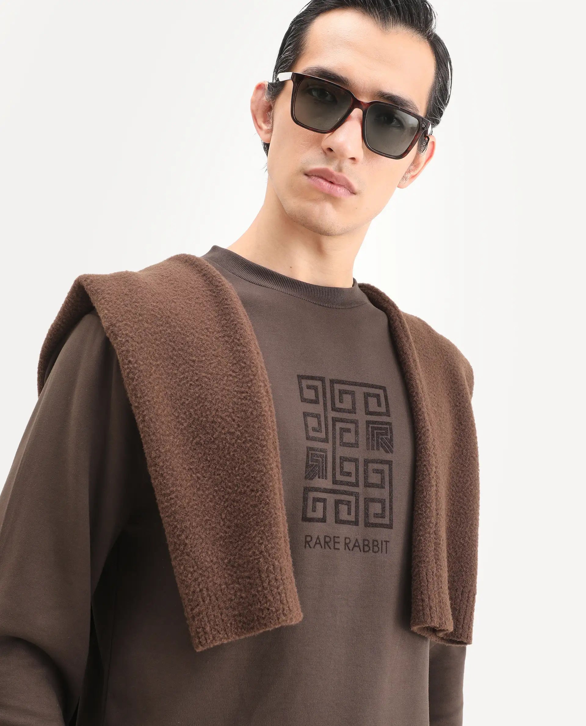 Rare Rabbit Men's Rexot Dusky Brown Modal Blend Typography Print Regular Fit Full Sleeve Crew Neck Sweatshirt