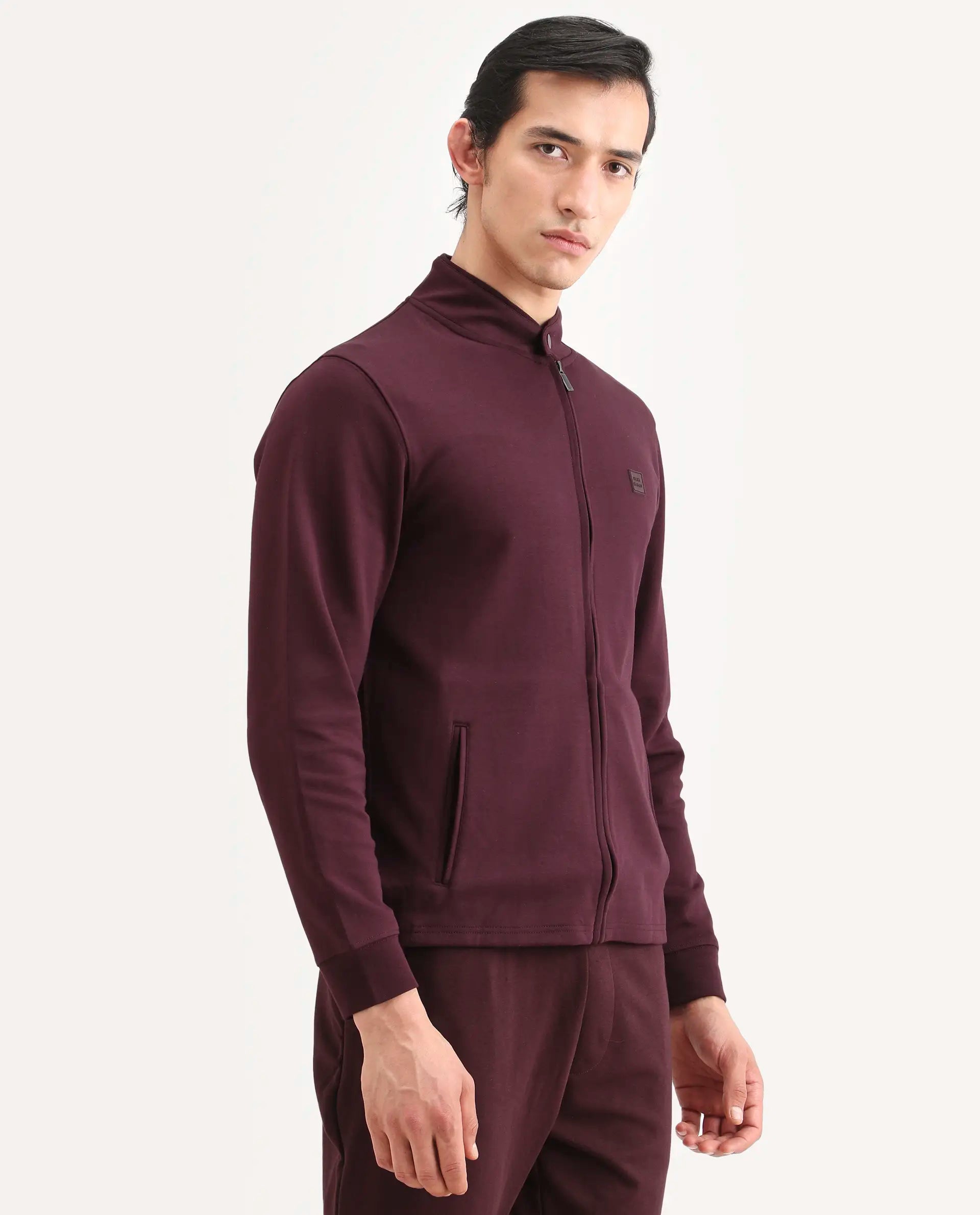 Rare Rabbit Men's Morris-25 Dark Maroon Cotton Blend Plain Regular Fit Full Sleeve Mandarin Collar Jacket