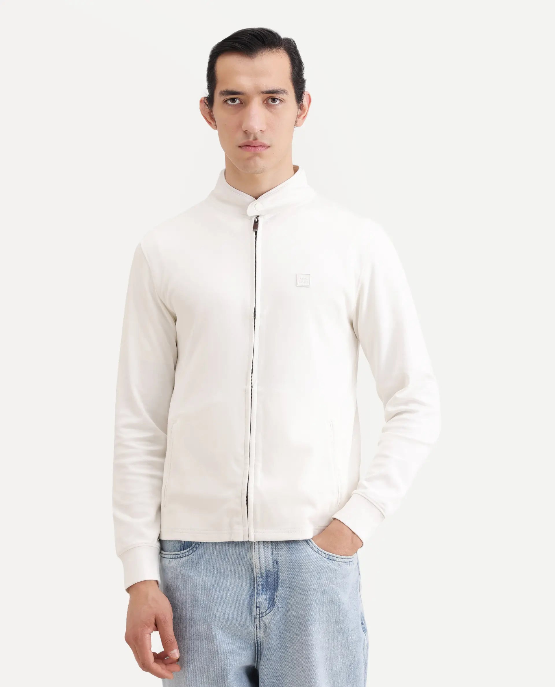 Rare Rabbit Men's Morris-25 Off White Cotton Blend Plain Regular Fit Full Sleeve Mandarin Collar Jacket