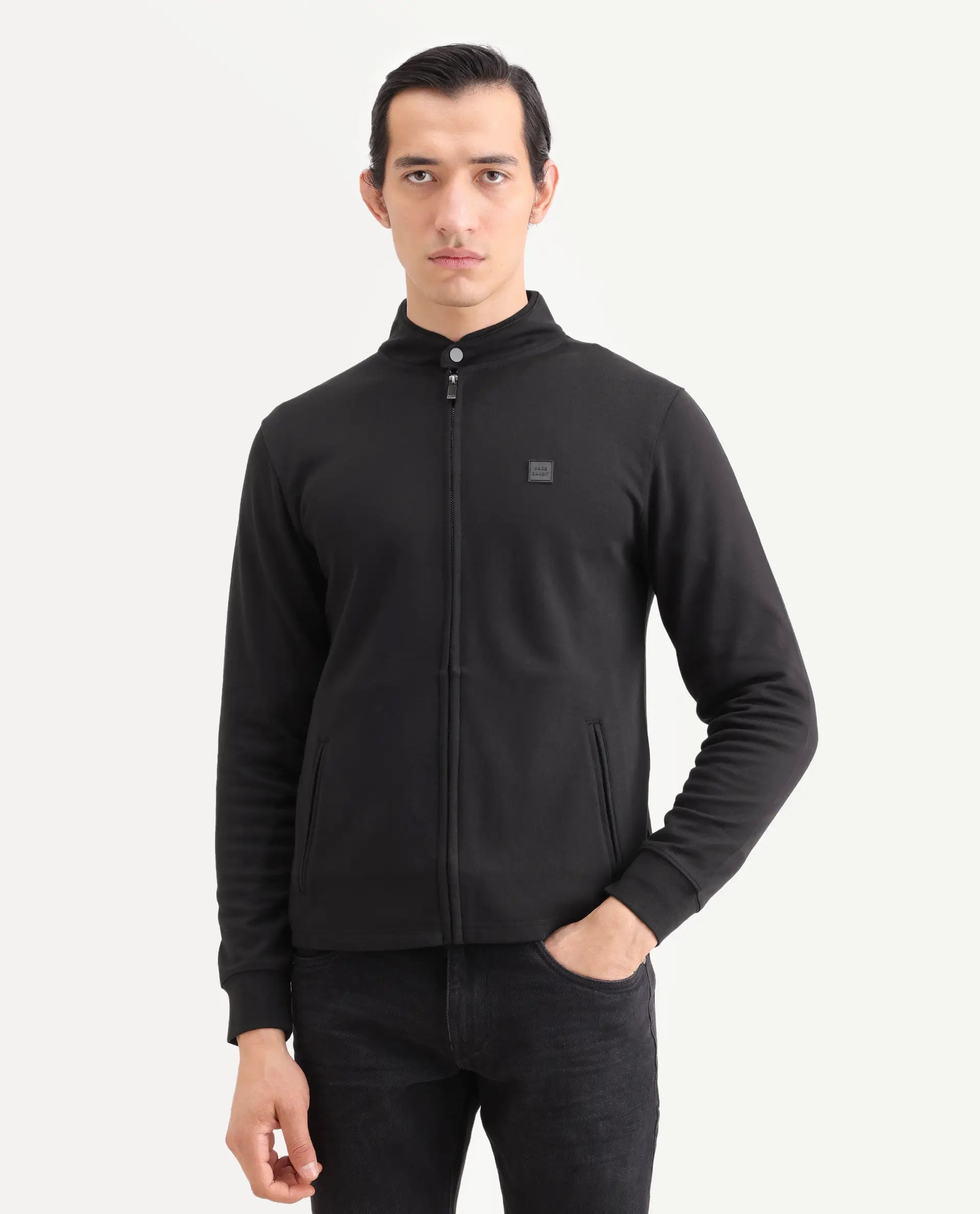 Rare Rabbit Men's Morris-25 Black Cotton Blend Plain Regular Fit Full Sleeve Mandarin Collar Jacket