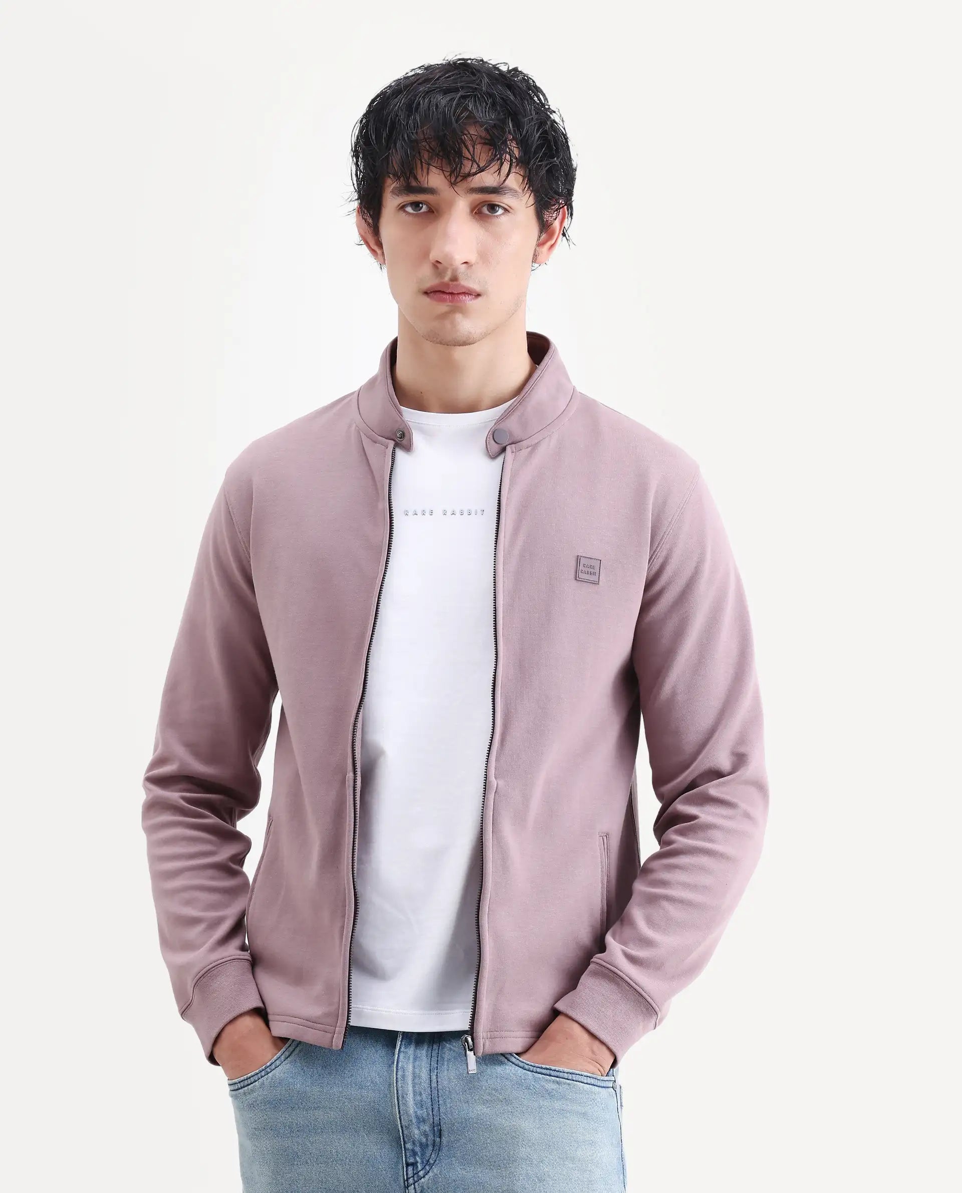 Rare Rabbit Men's Morris-25 Dusky Pink Cotton Blend Plain Regular Fit Full Sleeve Mandarin Collar Jacket