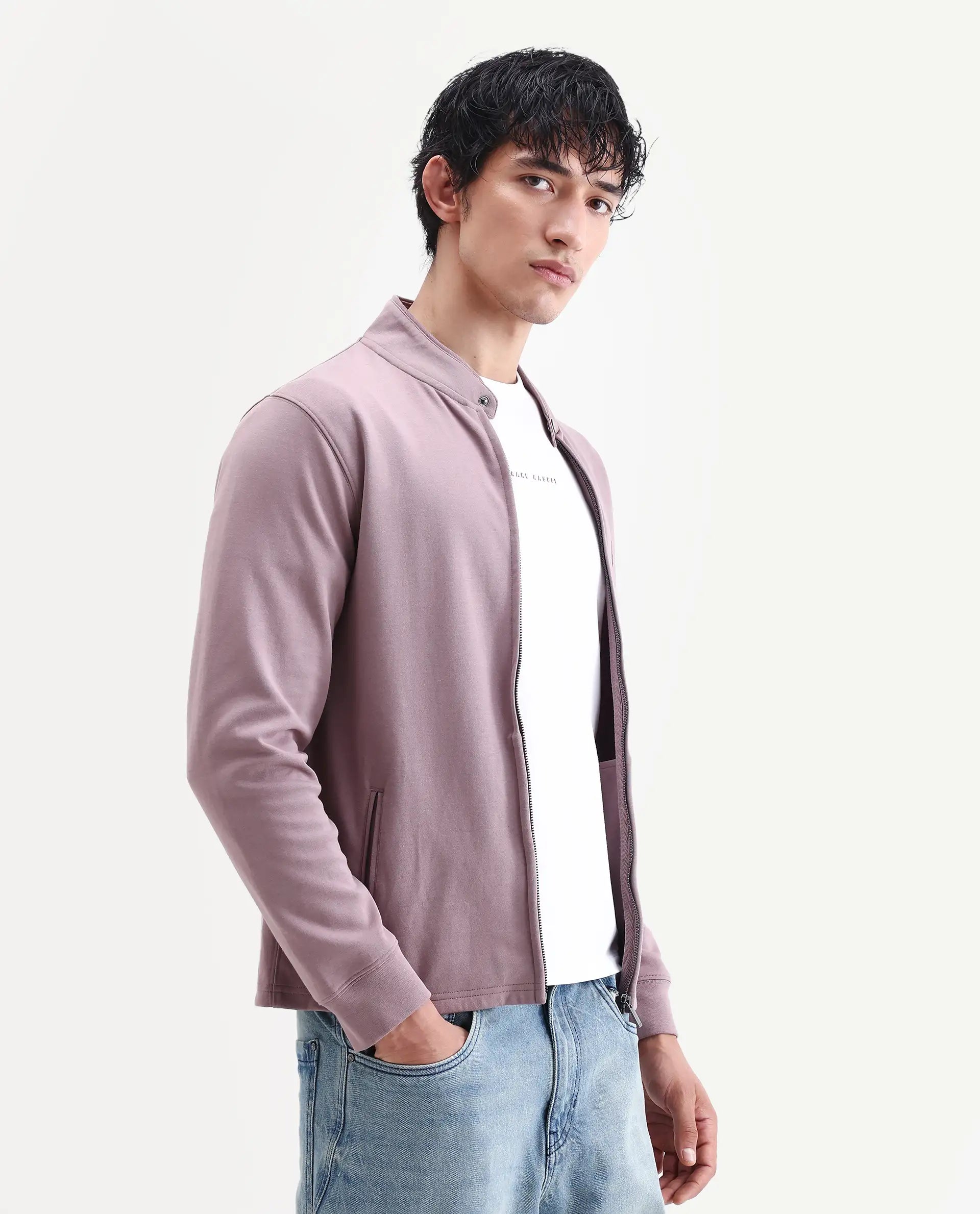 Rare Rabbit Men's Morris-25 Dusky Pink Cotton Blend Plain Regular Fit Full Sleeve Mandarin Collar Jacket