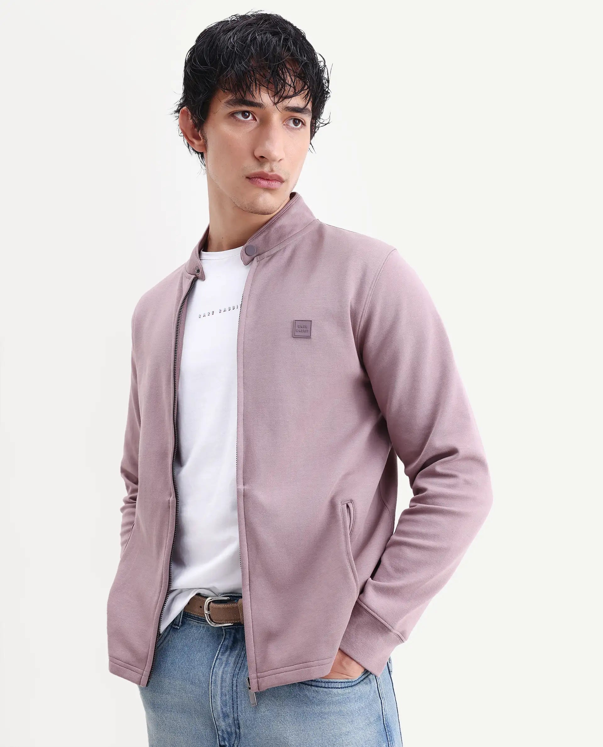 Rare Rabbit Men's Morris-25 Dusky Pink Cotton Blend Plain Regular Fit Full Sleeve Mandarin Collar Jacket