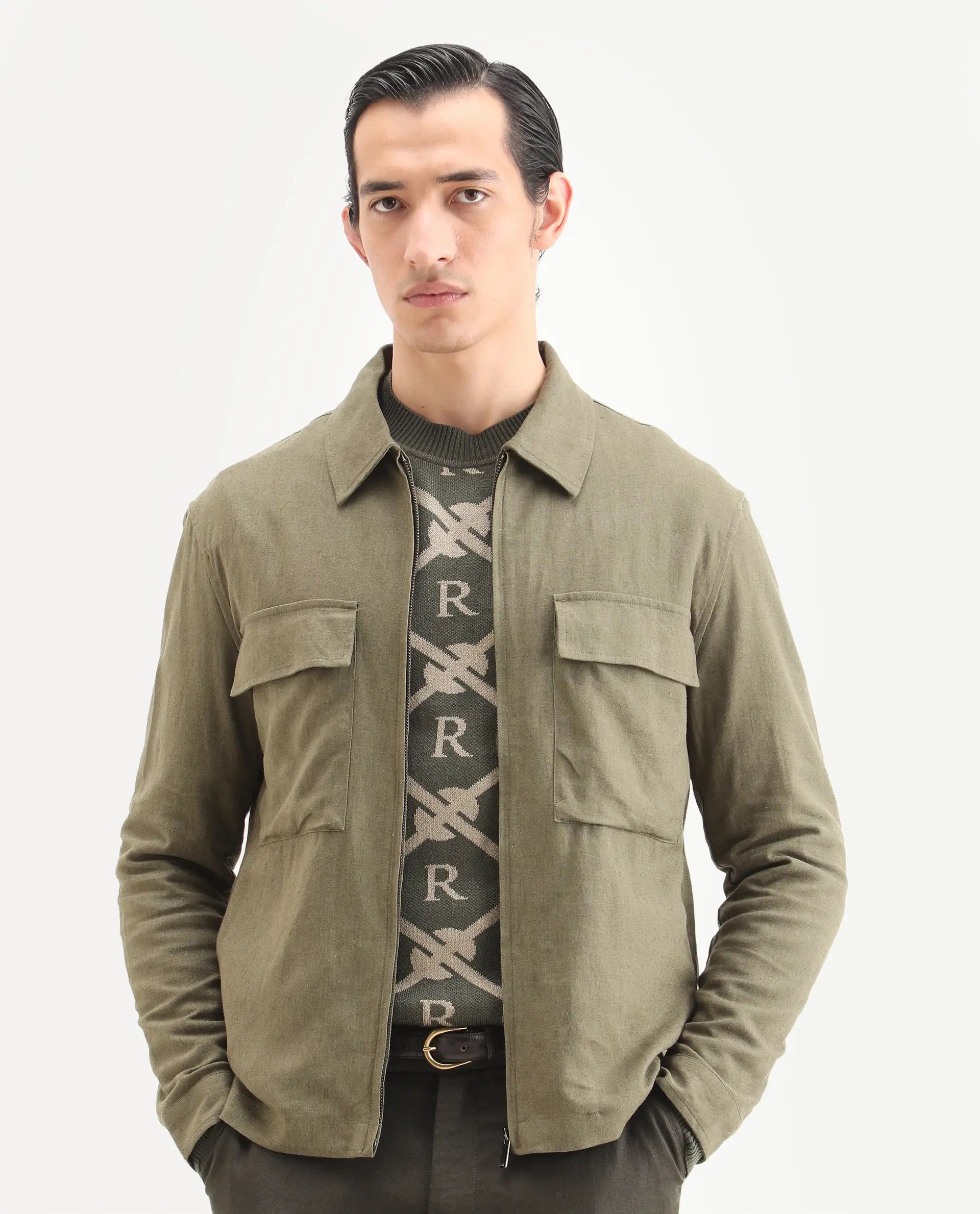Rare Rabbit Men's Jomo-T Olive Linen Blend Plain Relaxed Fit Full Sleeve Collared Shaket