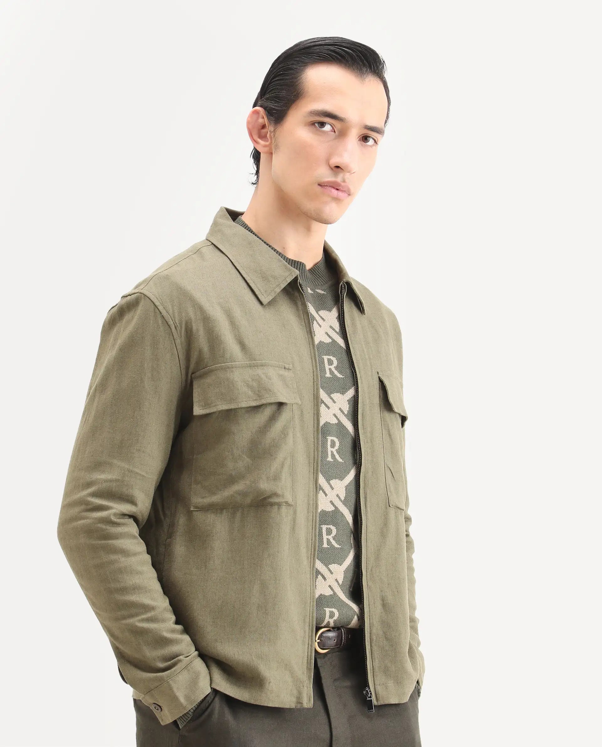 Rare Rabbit Men's Jomo-T Olive Linen Blend Plain Relaxed Fit Full Sleeve Collared Shaket
