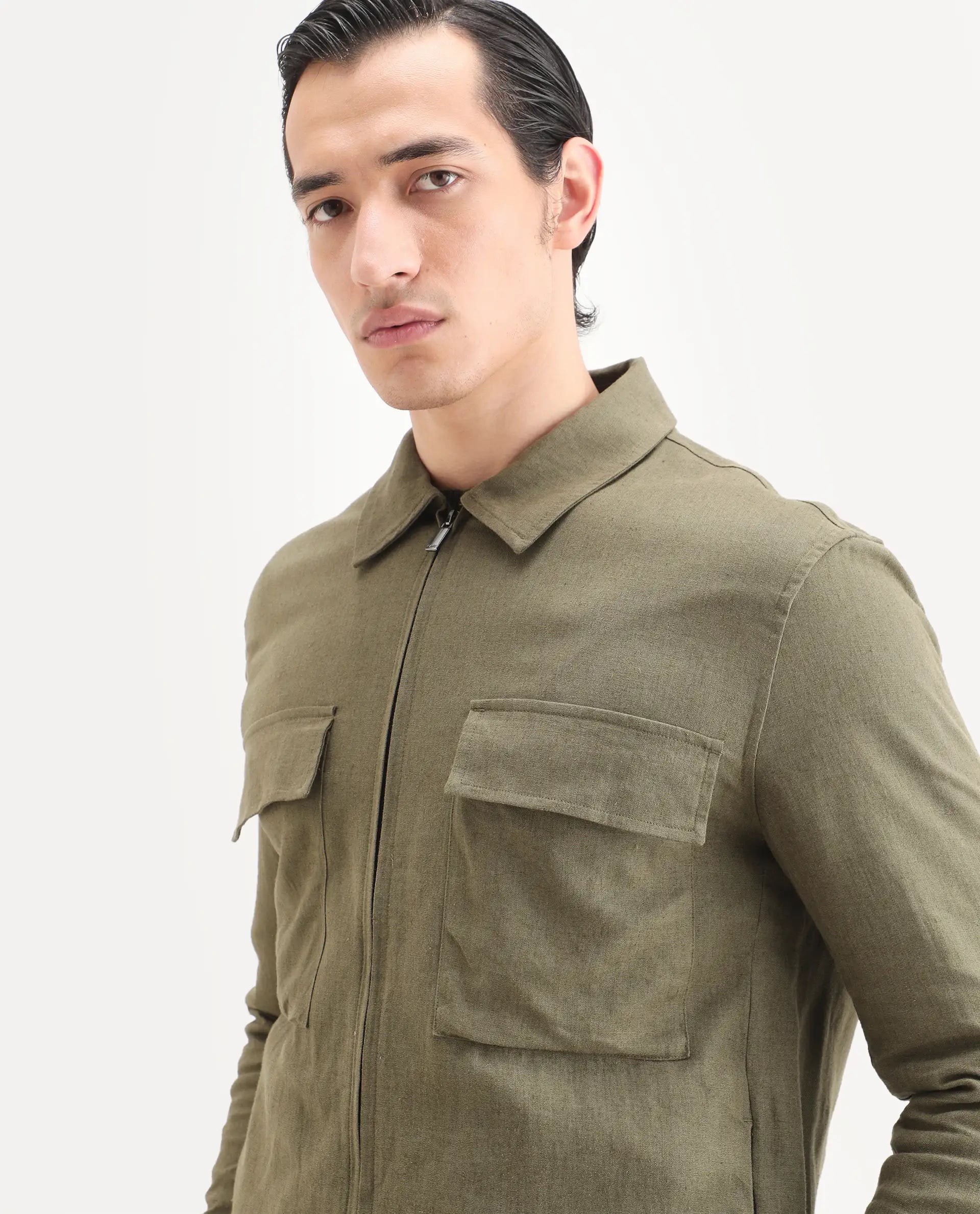 Rare Rabbit Men's Jomo-T Olive Linen Blend Plain Relaxed Fit Full Sleeve Collared Shaket