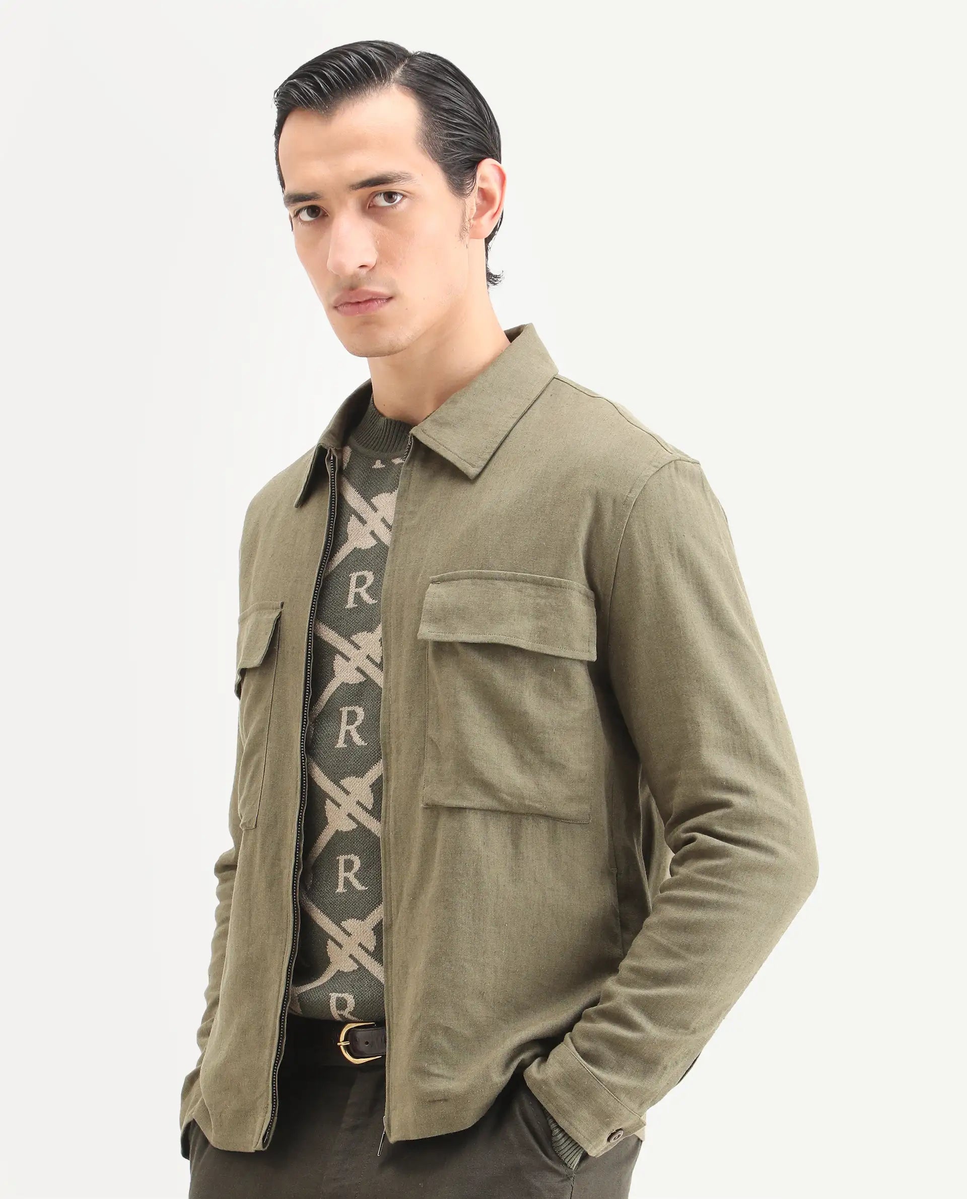 Rare Rabbit Men's Jomo-T Olive Linen Blend Plain Relaxed Fit Full Sleeve Collared Shaket