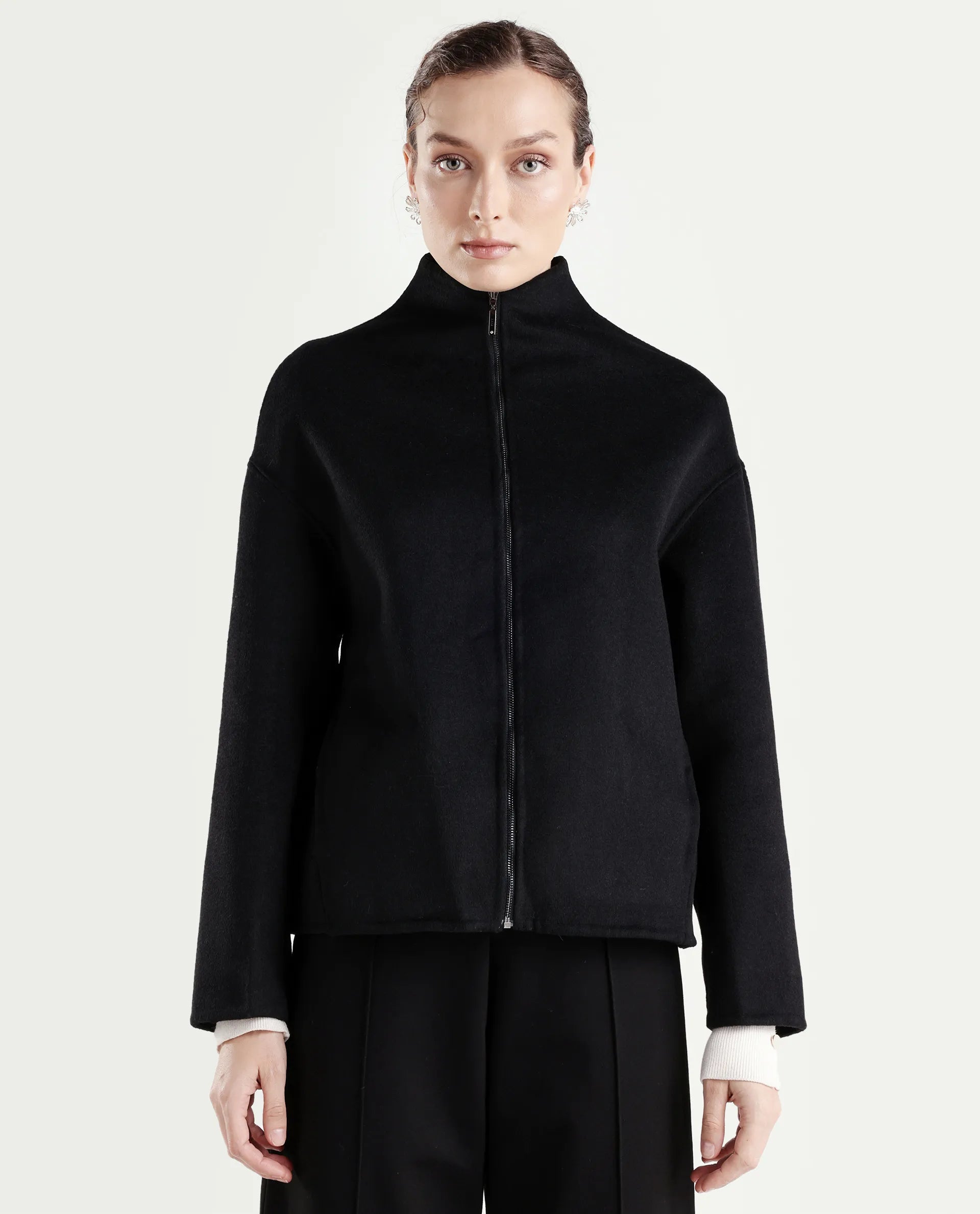 Rareism Women's Newool Black Polyester Blend High Neck Regular Fit Jacket