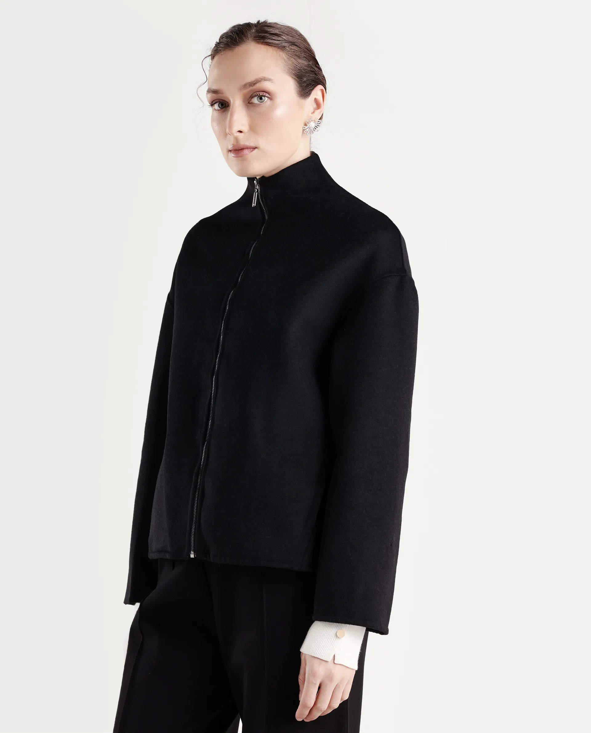 Rareism Women's Newool Black Polyester Blend High Neck Regular Fit Jacket