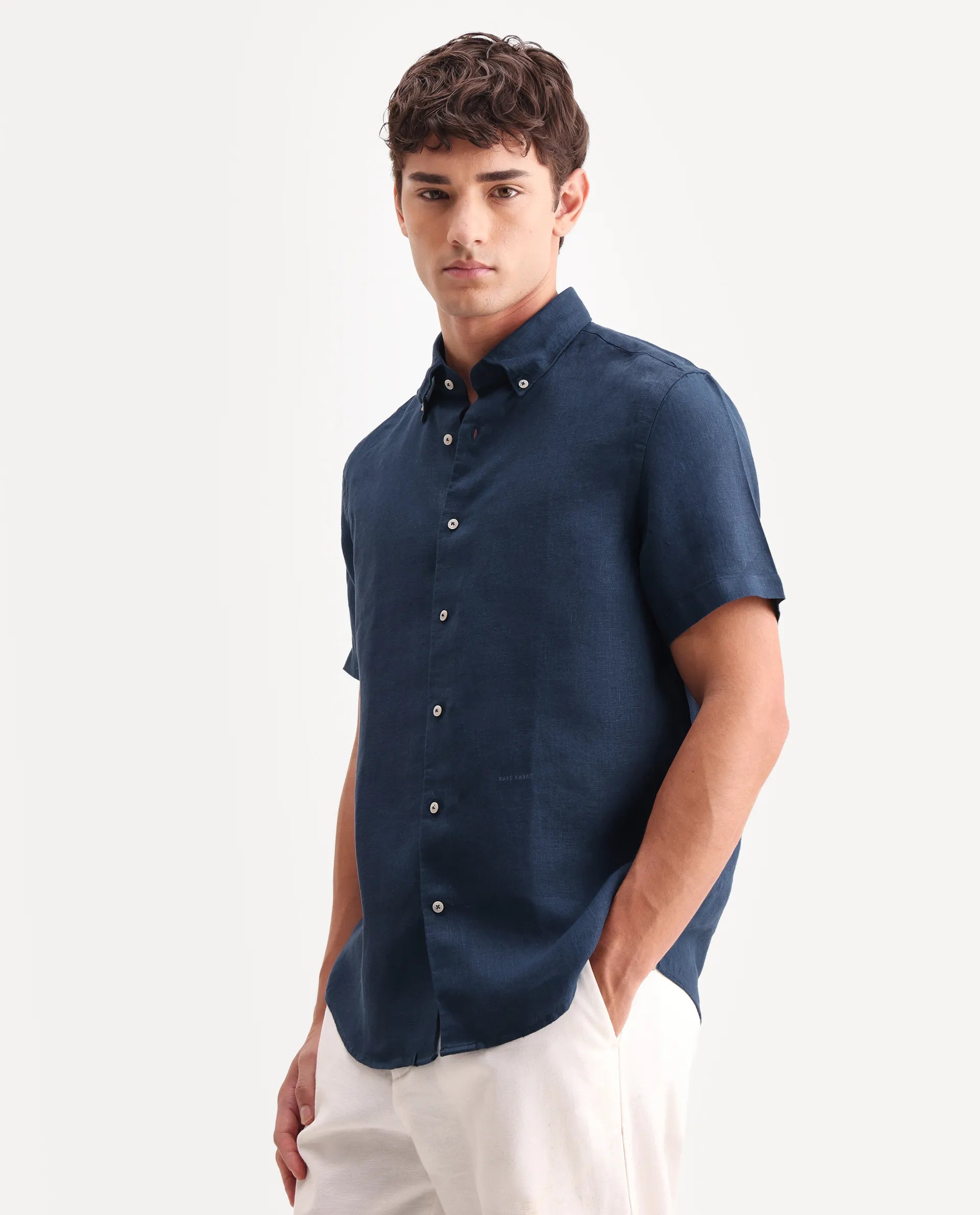 Rare Rabbit Men's Poist Navy 100% Linen Plain Regular Fit Half Sleeve Collared Shirt