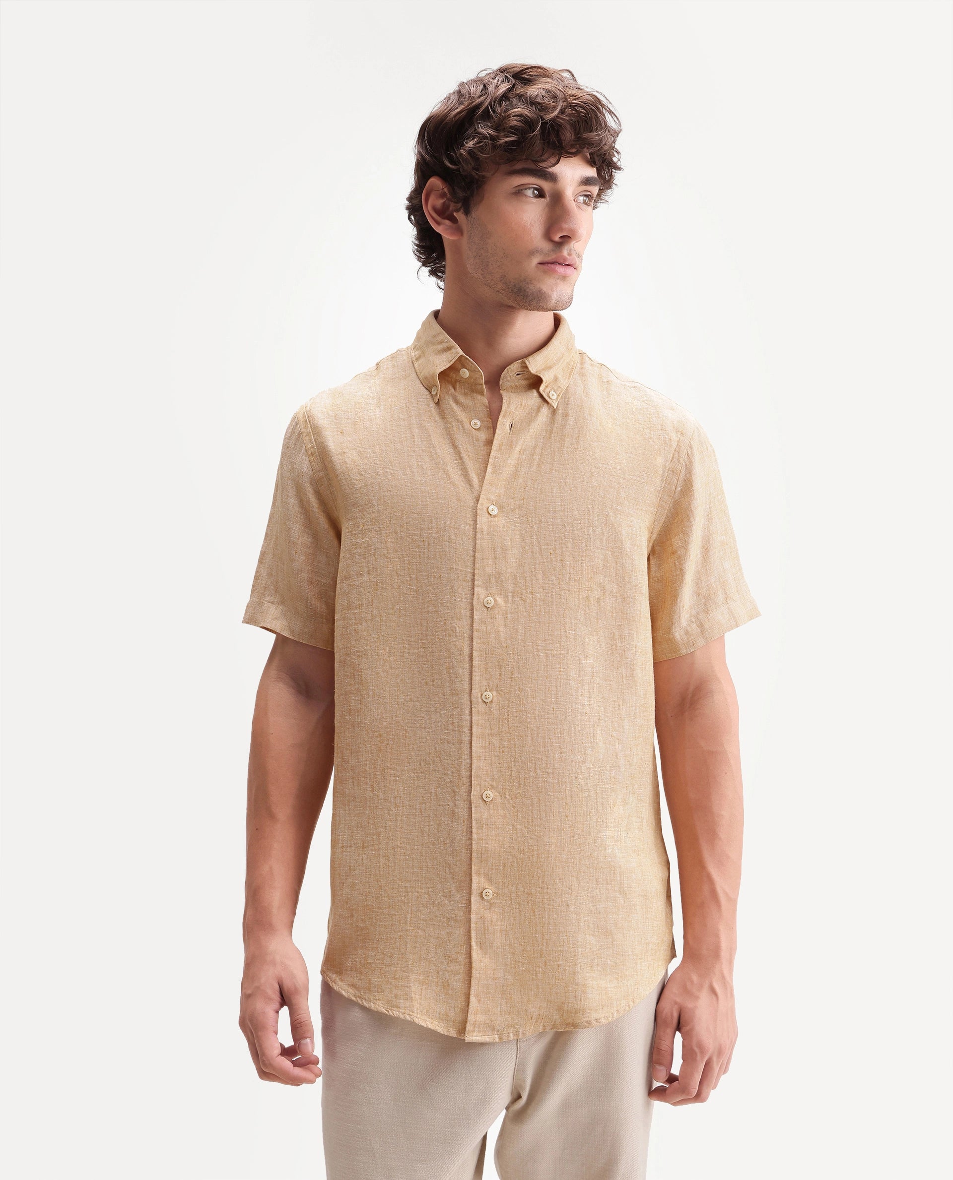 Rare Rabbit Men's Poist Dusky Yellow Linen Plain Regular Fit Half Sleeve Collared Shirt