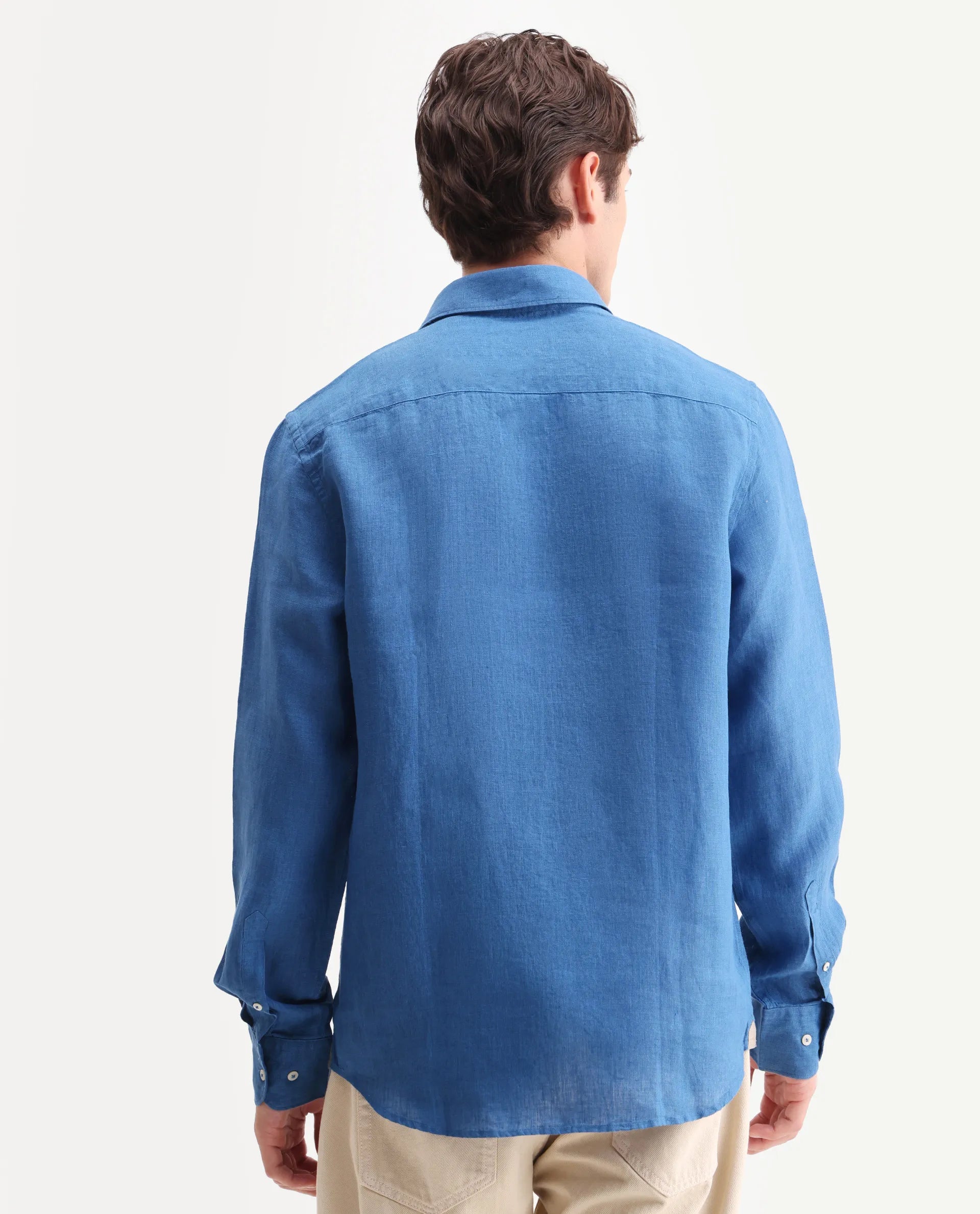 Rare Rabbit Men's Kurts Blue 100% Linen Plain Regular Fit Full Sleeve Collared Shirt