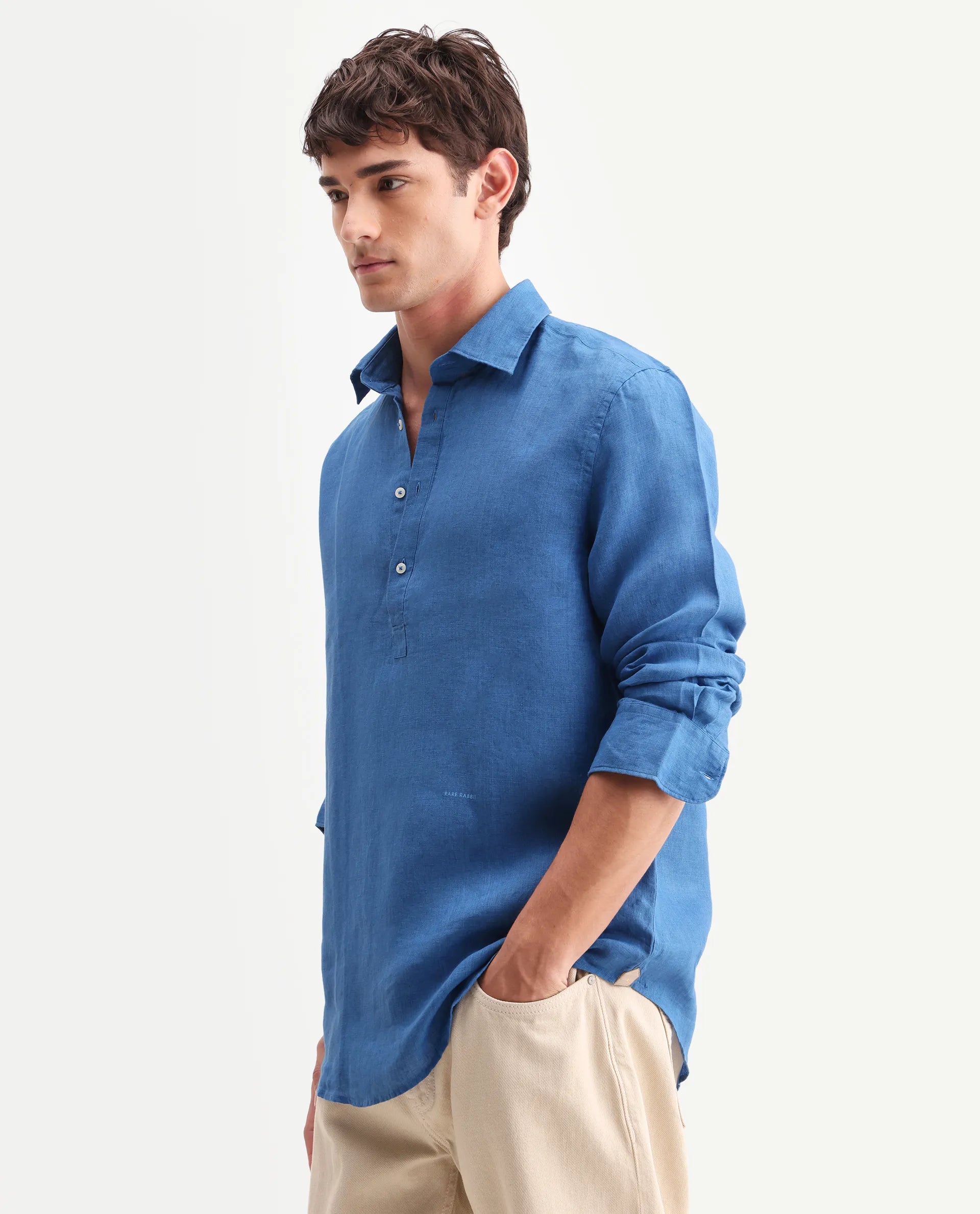 Rare Rabbit Men's Kurts Blue 100% Linen Plain Regular Fit Full Sleeve Collared Shirt