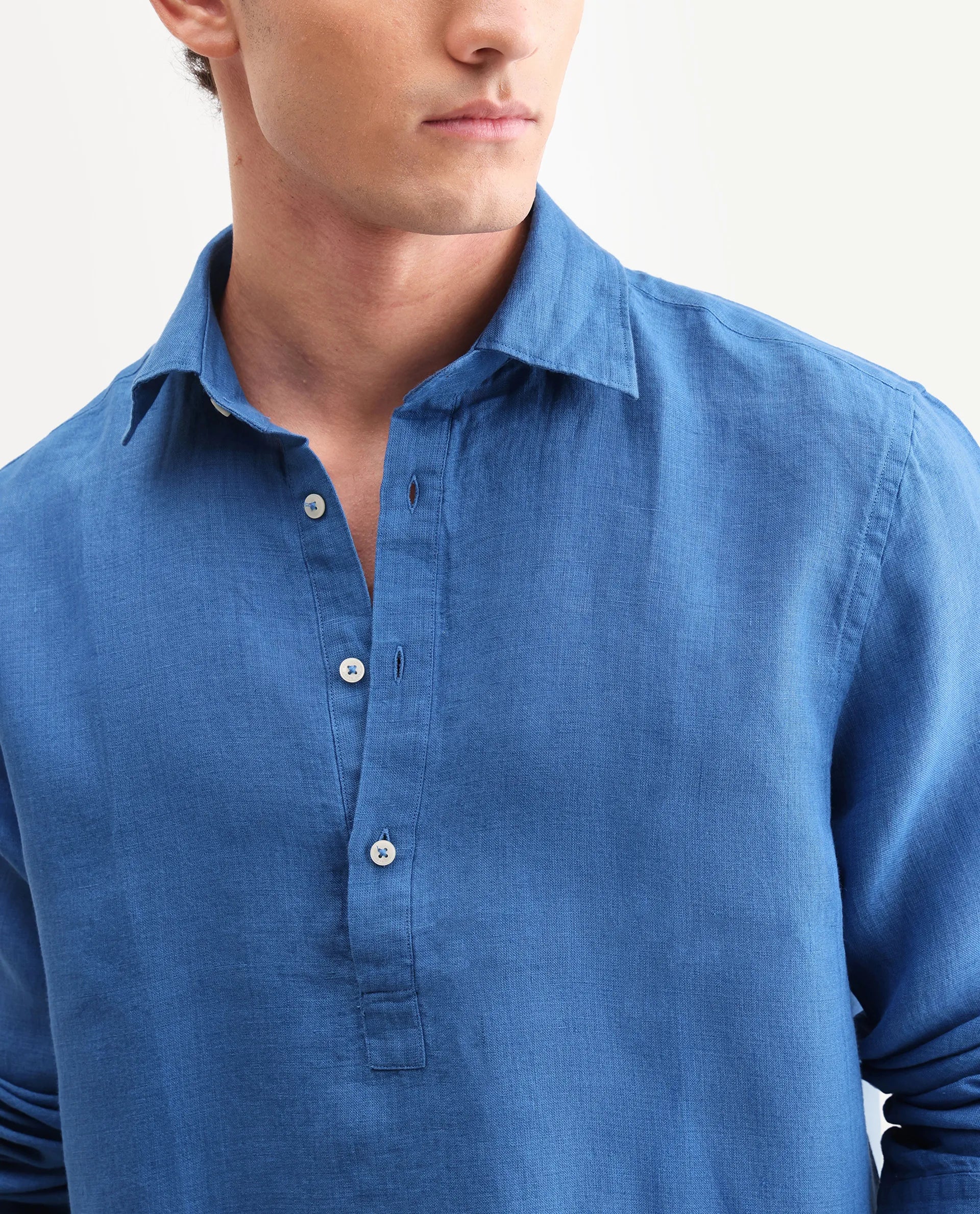Rare Rabbit Men's Kurts Blue 100% Linen Plain Regular Fit Full Sleeve Collared Shirt