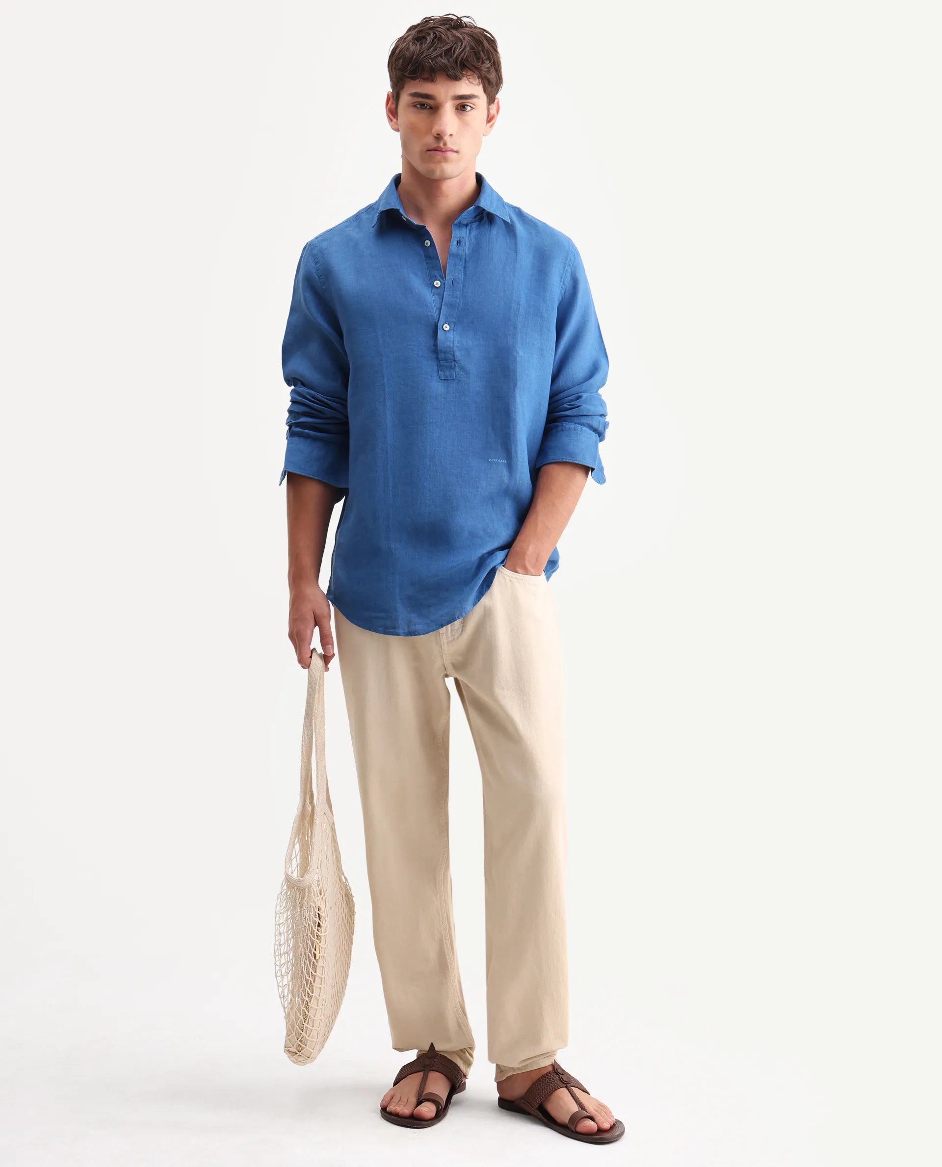 Rare Rabbit Men's Kurts Blue 100% Linen Plain Regular Fit Full Sleeve Collared Shirt