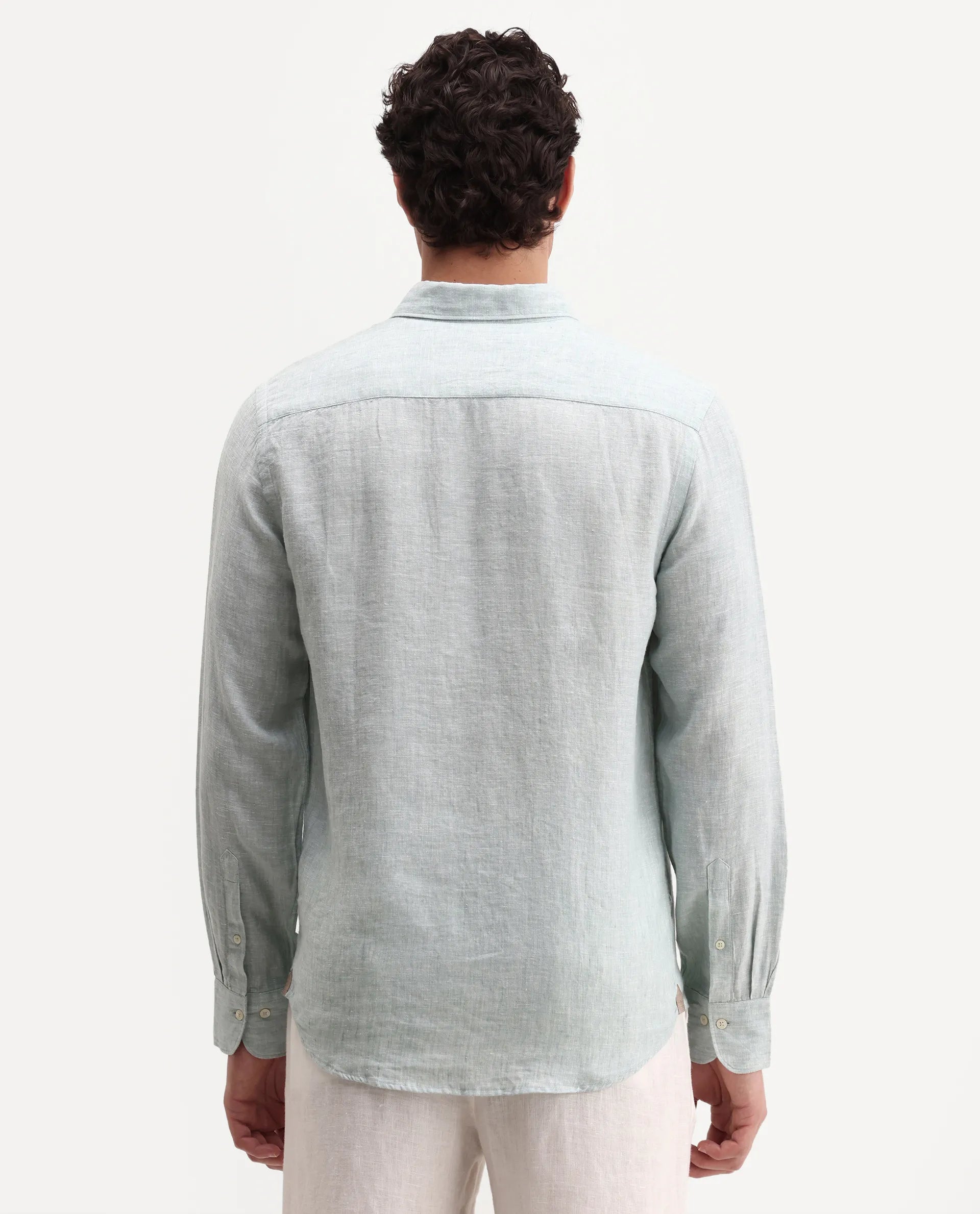 Rare Rabbit Men's Lucis Aqua 100% Linen Plain Regular Fit Full Sleeve Collared Shirt