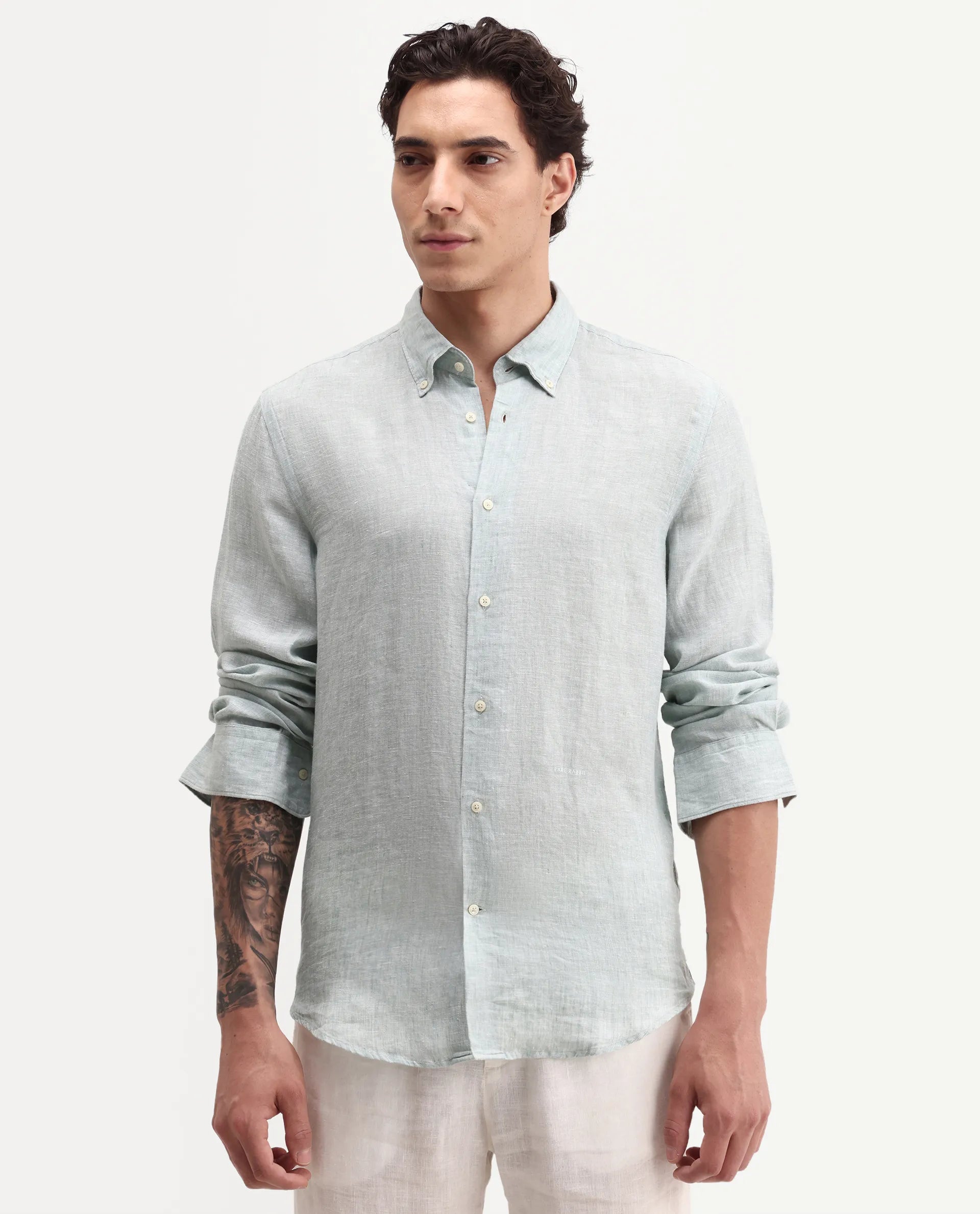 Rare Rabbit Men's Lucis Aqua 100% Linen Plain Regular Fit Full Sleeve Collared Shirt
