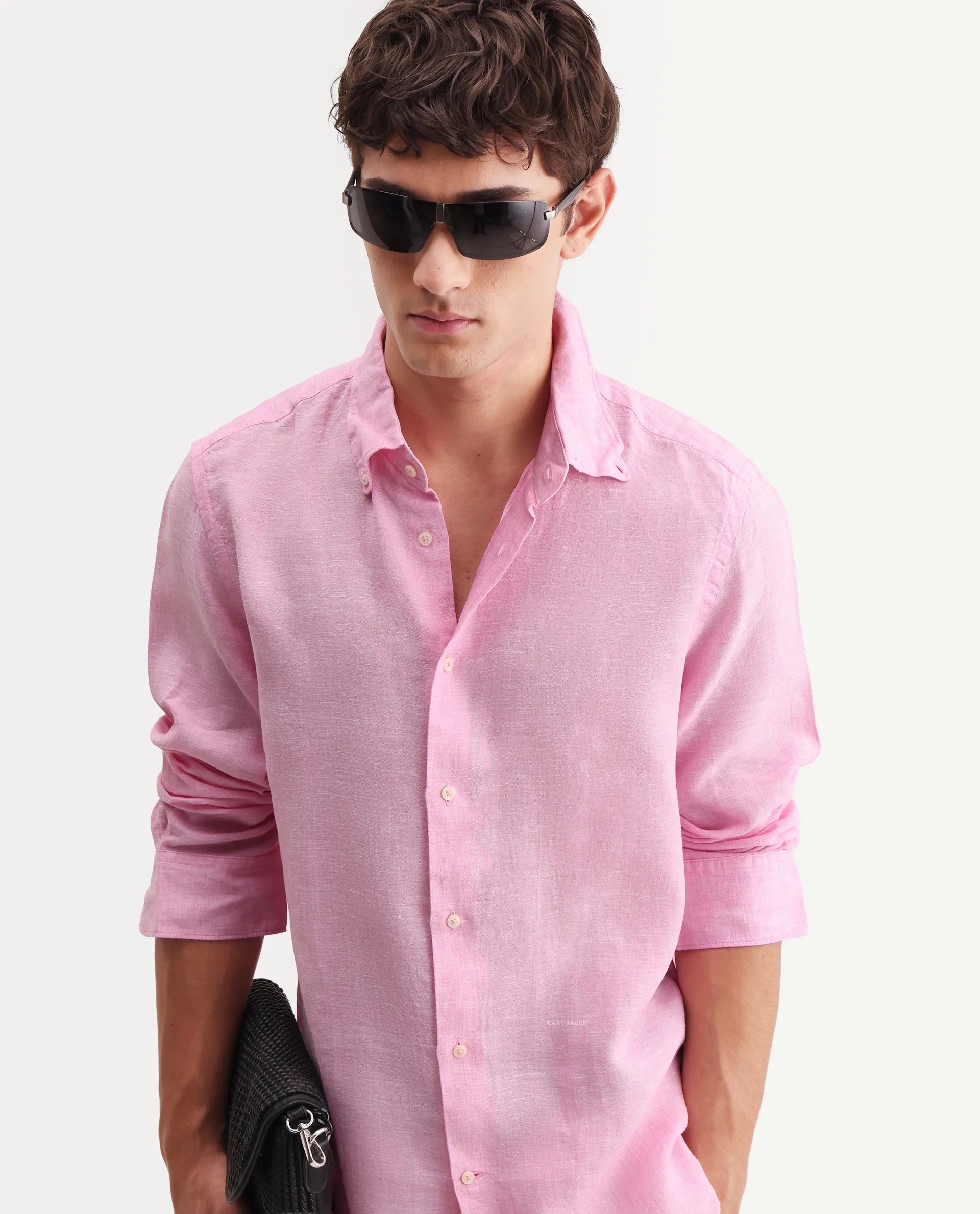 Rare Rabbit Men's Lucis Pink 100% Linen Plain Regular Fit Full Sleeve Collared Shirt