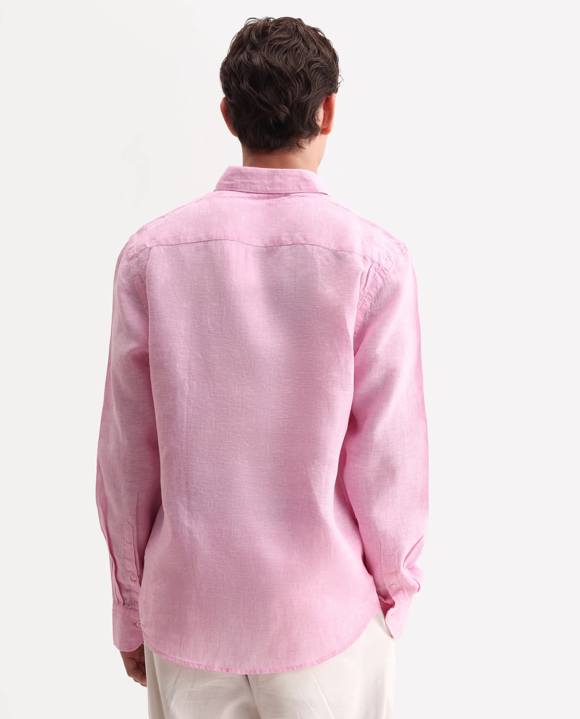 Rare Rabbit Men's Lucis Pink 100% Linen Plain Regular Fit Full Sleeve Collared Shirt
