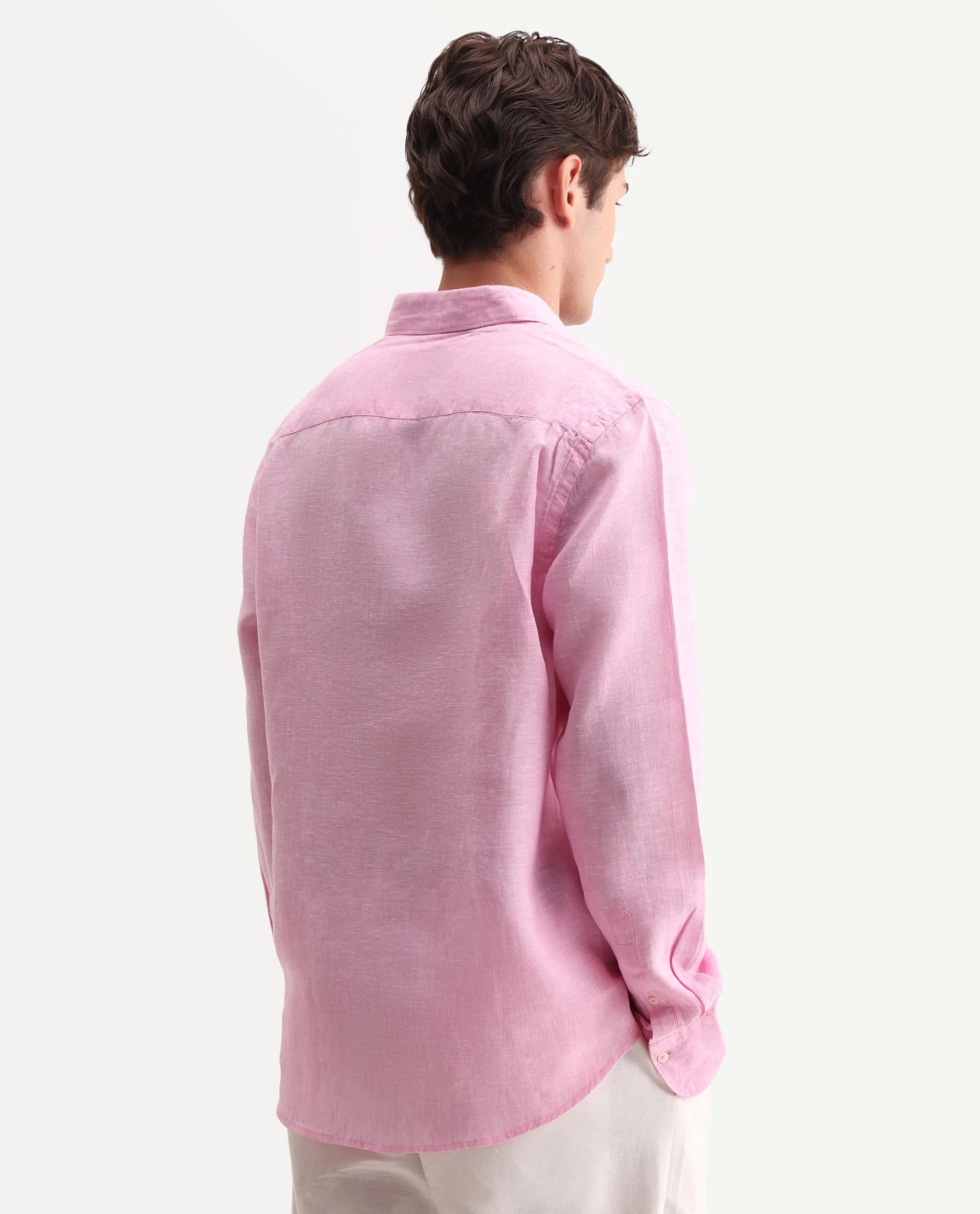 Rare Rabbit Men's Lucis Pink 100% Linen Plain Regular Fit Full Sleeve Collared Shirt