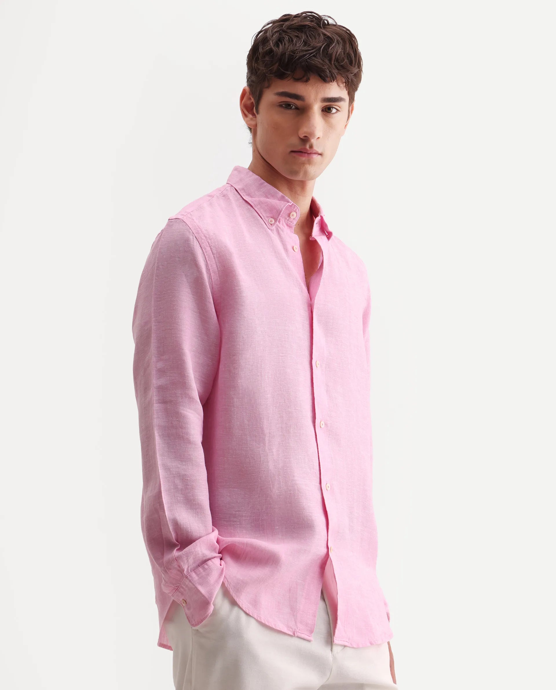Rare Rabbit Men's Lucis Pink 100% Linen Plain Regular Fit Full Sleeve Collared Shirt