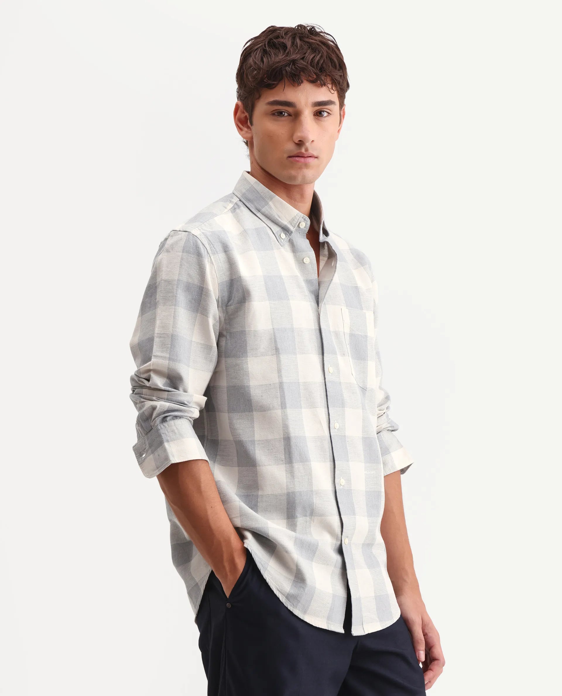 Rare Rabbit Men's Robina Blue 100% Linen Checked Print Regular Fit Full Sleeve Collared Shirt