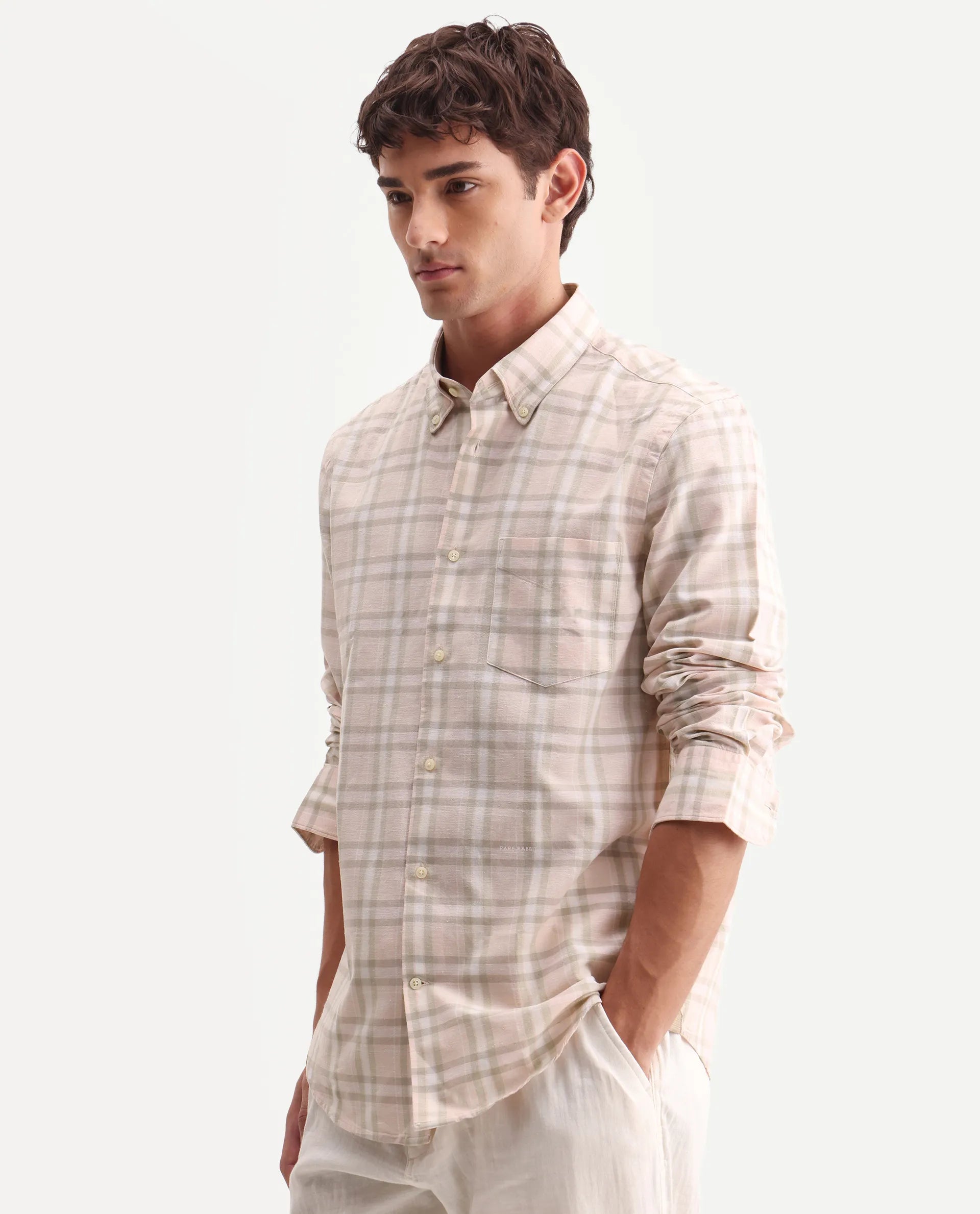 Rare Rabbit Men's Stur Pink 100% Linen Checked Print Regular Fit Full Sleeve Collared Shirt