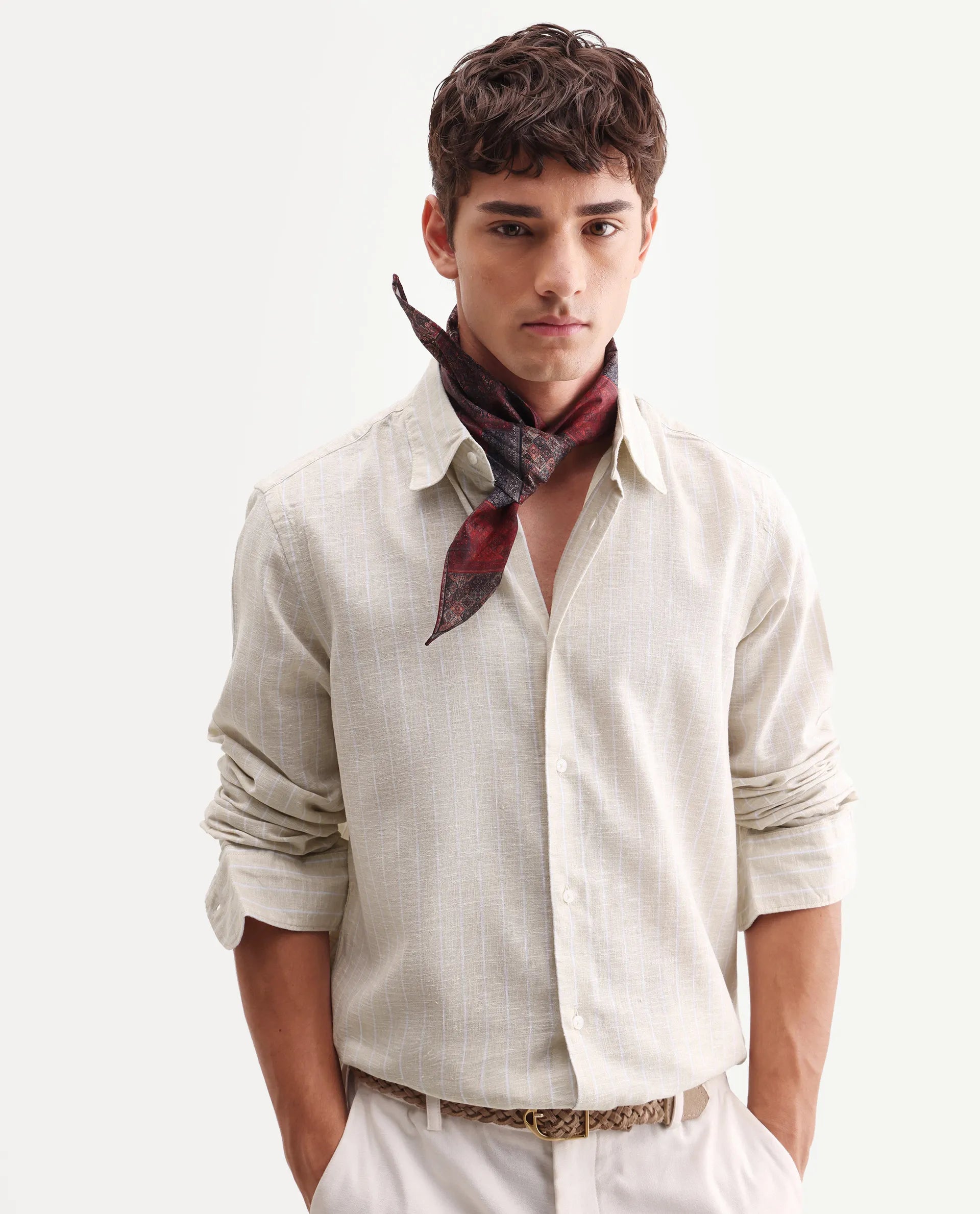 Rare Rabbit Men's Kylo Khaki 100% Linen Striped Print Regular Fit Full Sleeve Collared Shirt