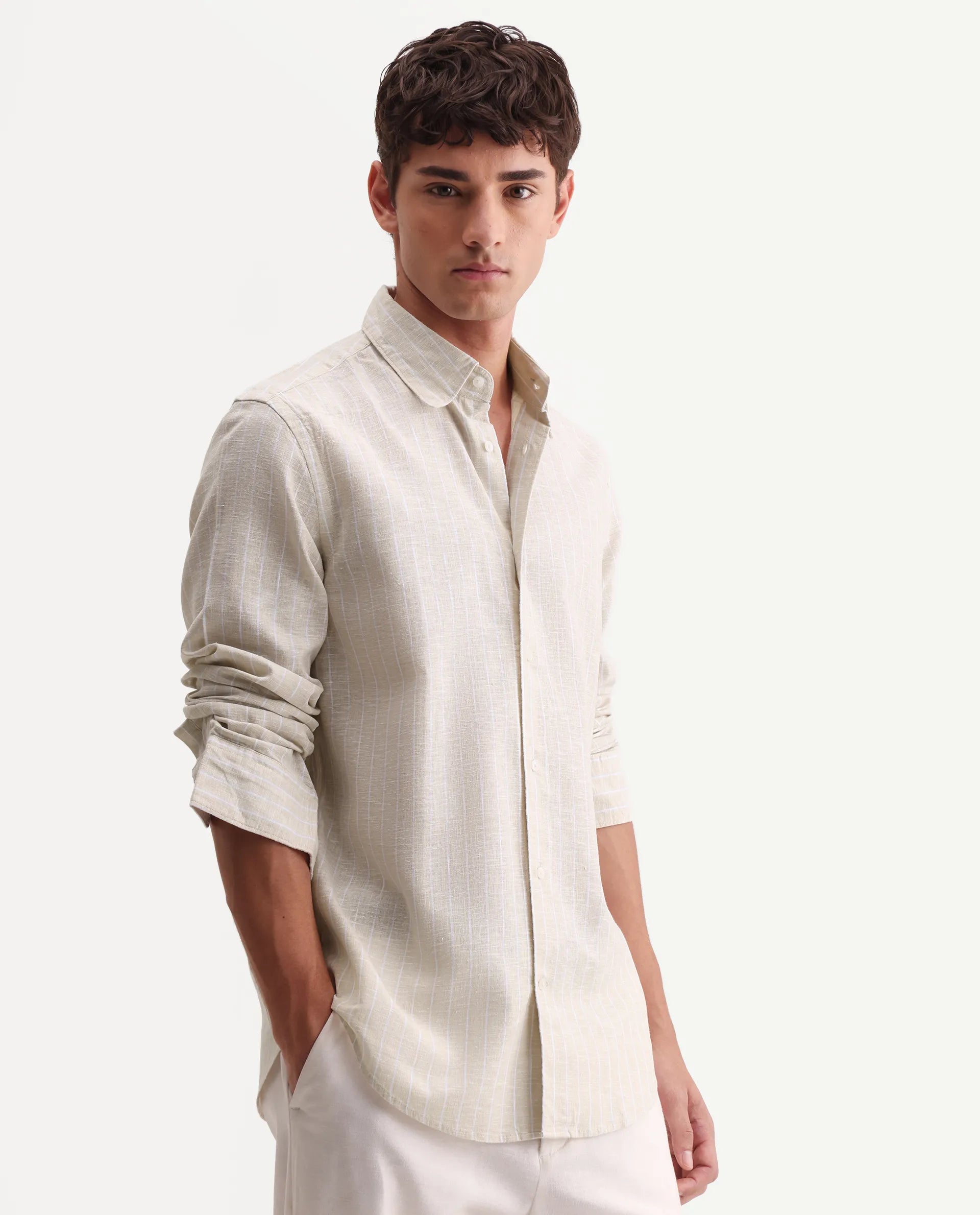 Rare Rabbit Men's Kylo Khaki 100% Linen Striped Print Regular Fit Full Sleeve Collared Shirt