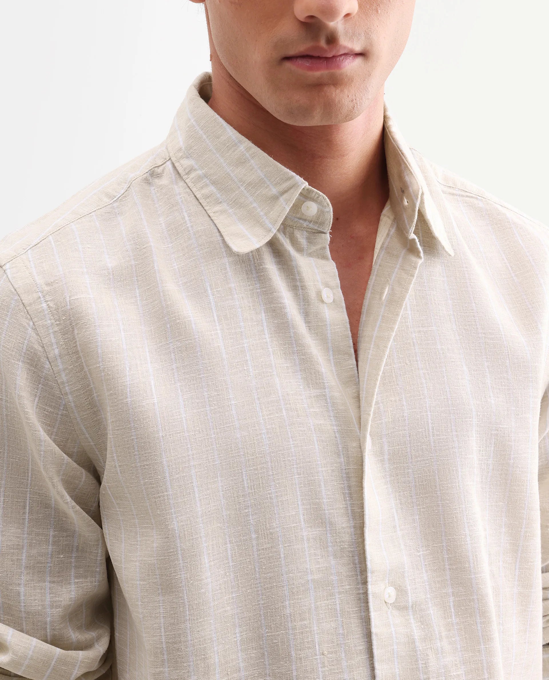Rare Rabbit Men's Kylo Khaki 100% Linen Striped Print Regular Fit Full Sleeve Collared Shirt