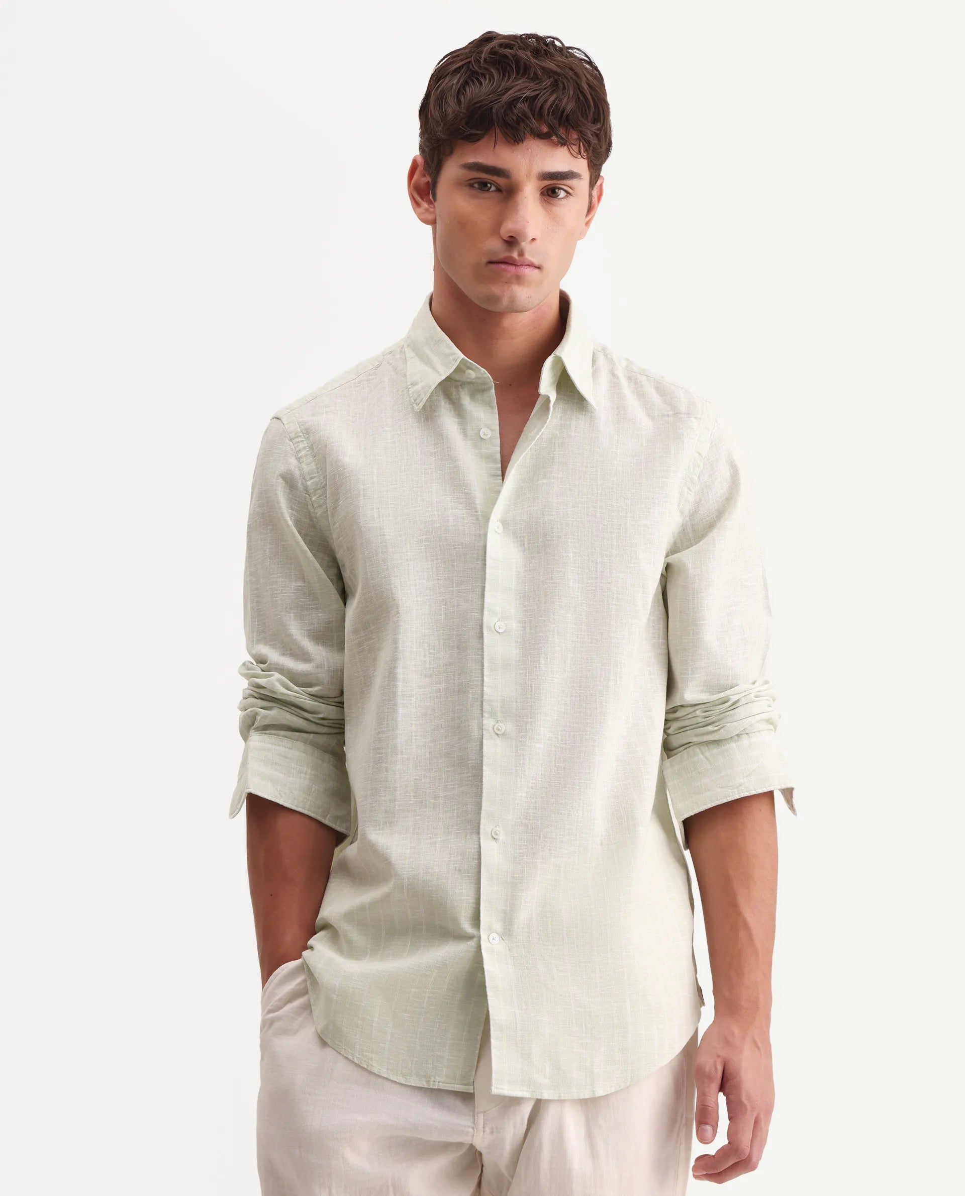 Rare Rabbit Men's Kylo Sage 100% Linen Striped Print Regular Fit Full Sleeve Collared Shirt