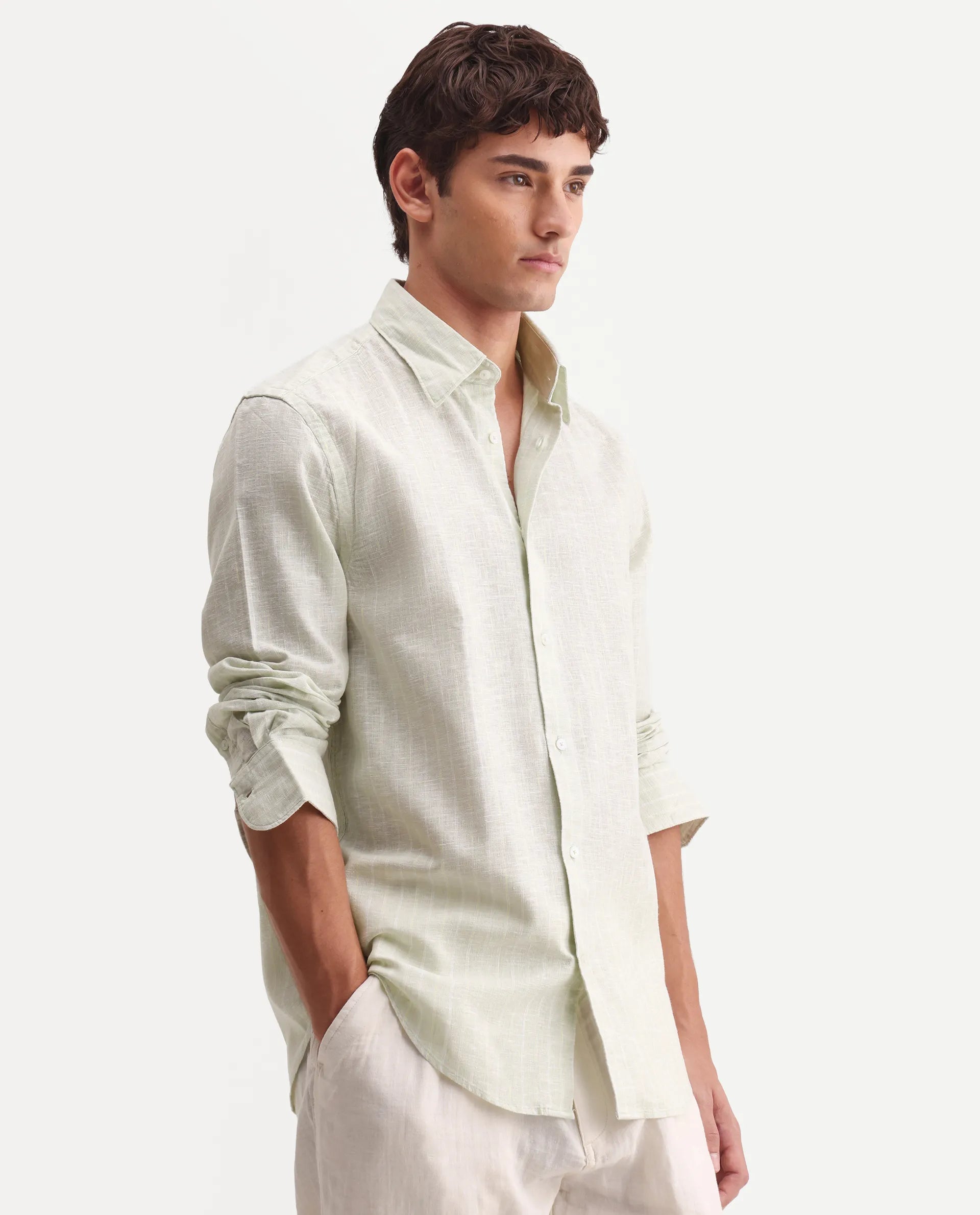 Rare Rabbit Men's Kylo Sage 100% Linen Striped Print Regular Fit Full Sleeve Collared Shirt