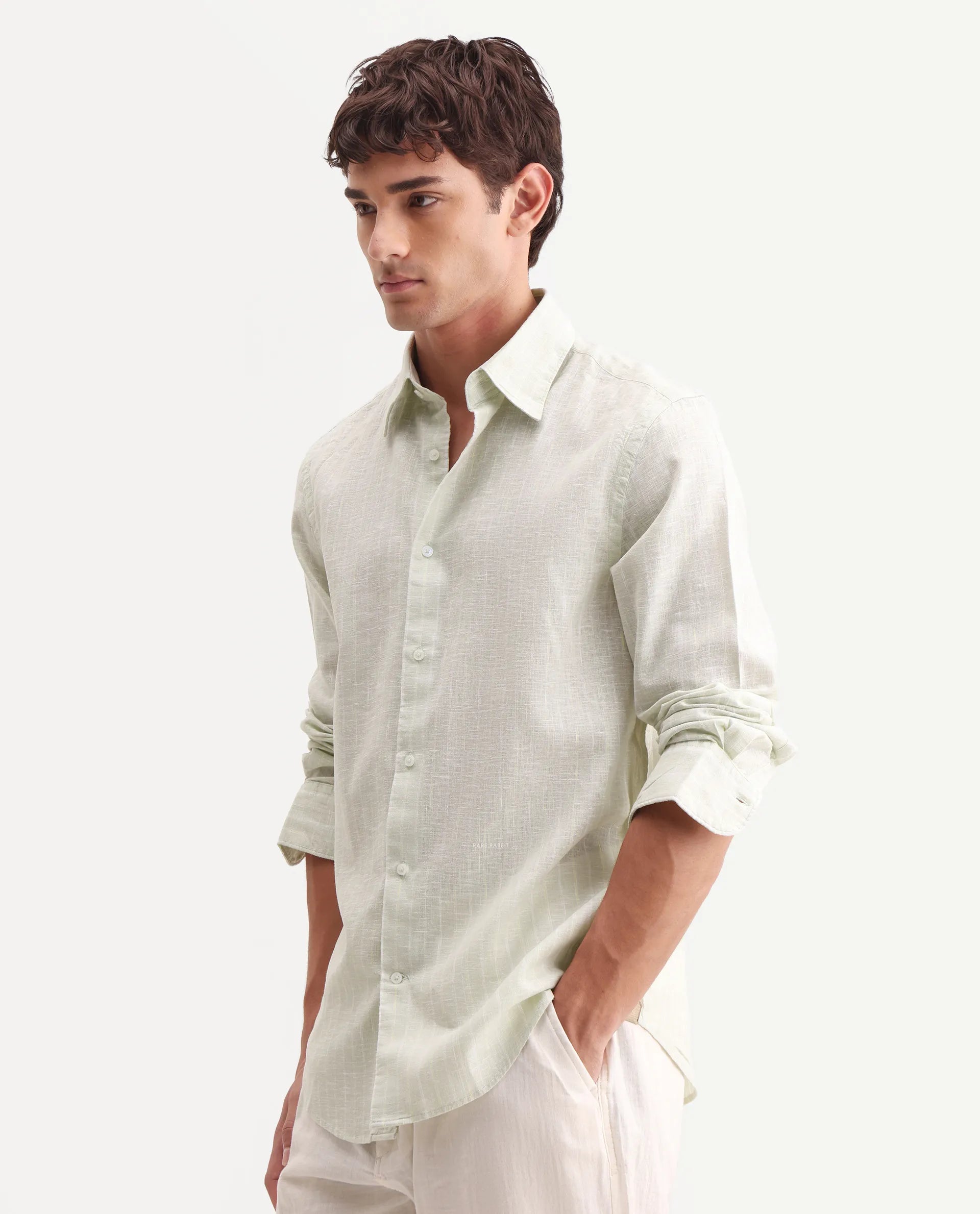 Rare Rabbit Men's Kylo Sage 100% Linen Striped Print Regular Fit Full Sleeve Collared Shirt