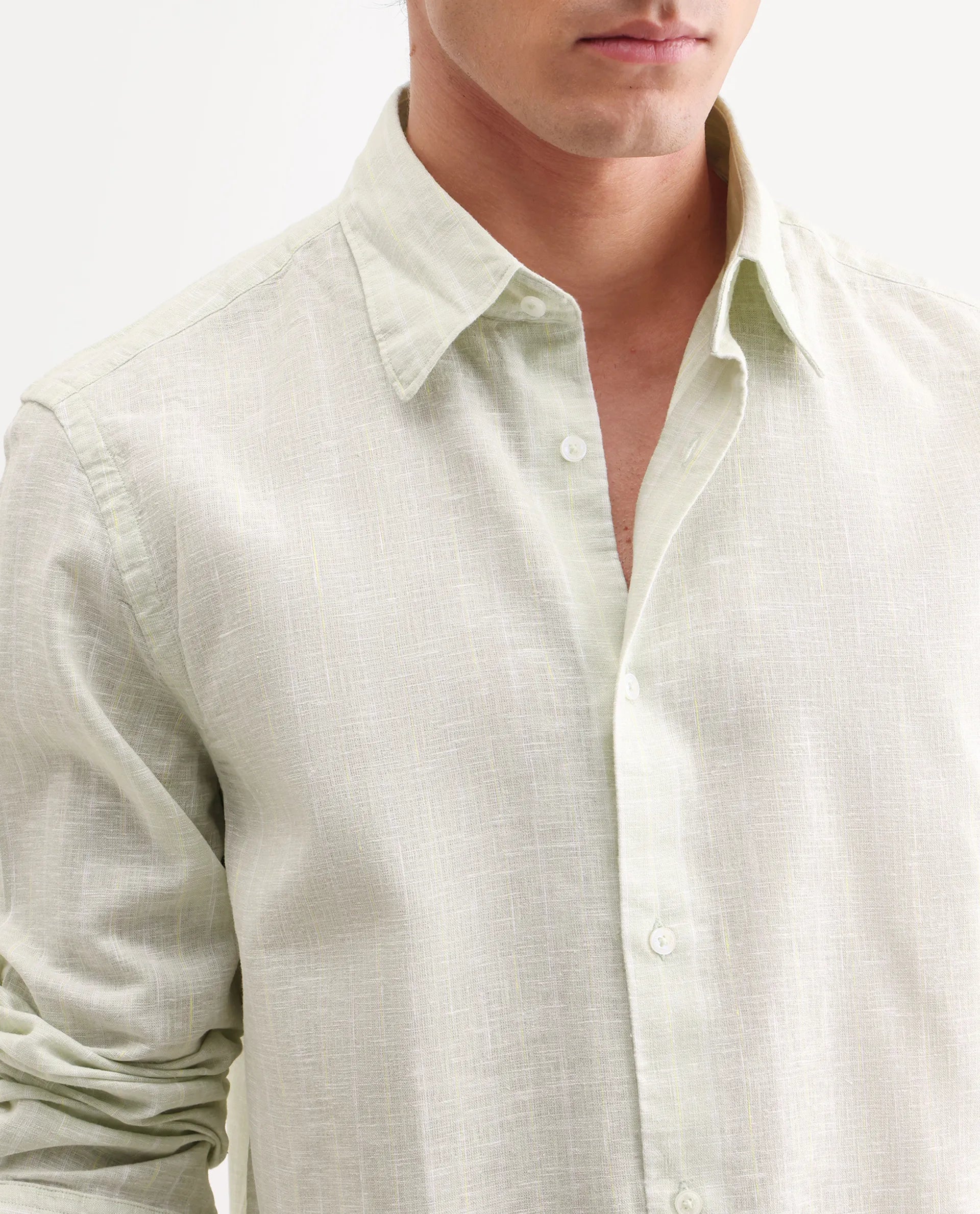 Rare Rabbit Men's Kylo Sage 100% Linen Striped Print Regular Fit Full Sleeve Collared Shirt