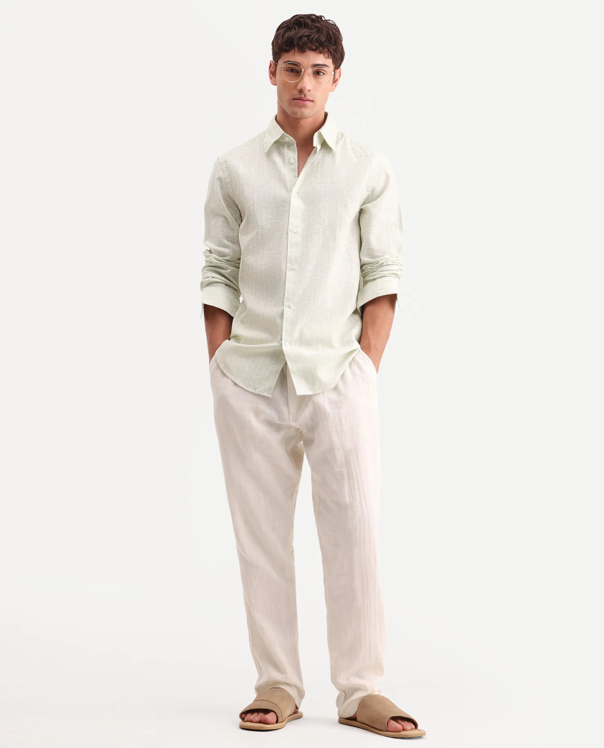 Rare Rabbit Men's Kylo Sage 100% Linen Striped Print Regular Fit Full Sleeve Collared Shirt