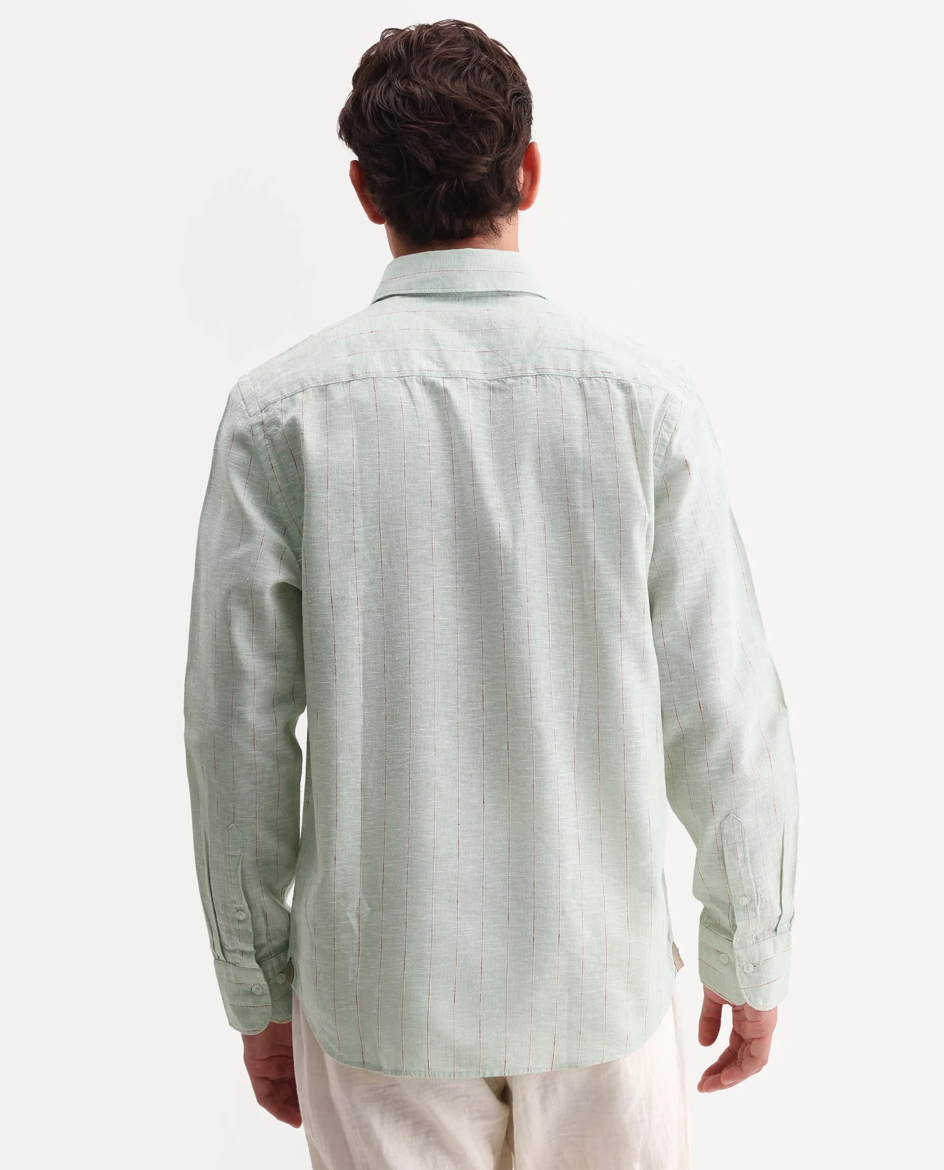 Rare Rabbit Men's Opis Sage 100% Linen Striped Print Regular Fit Full Sleeve Collared Shirt