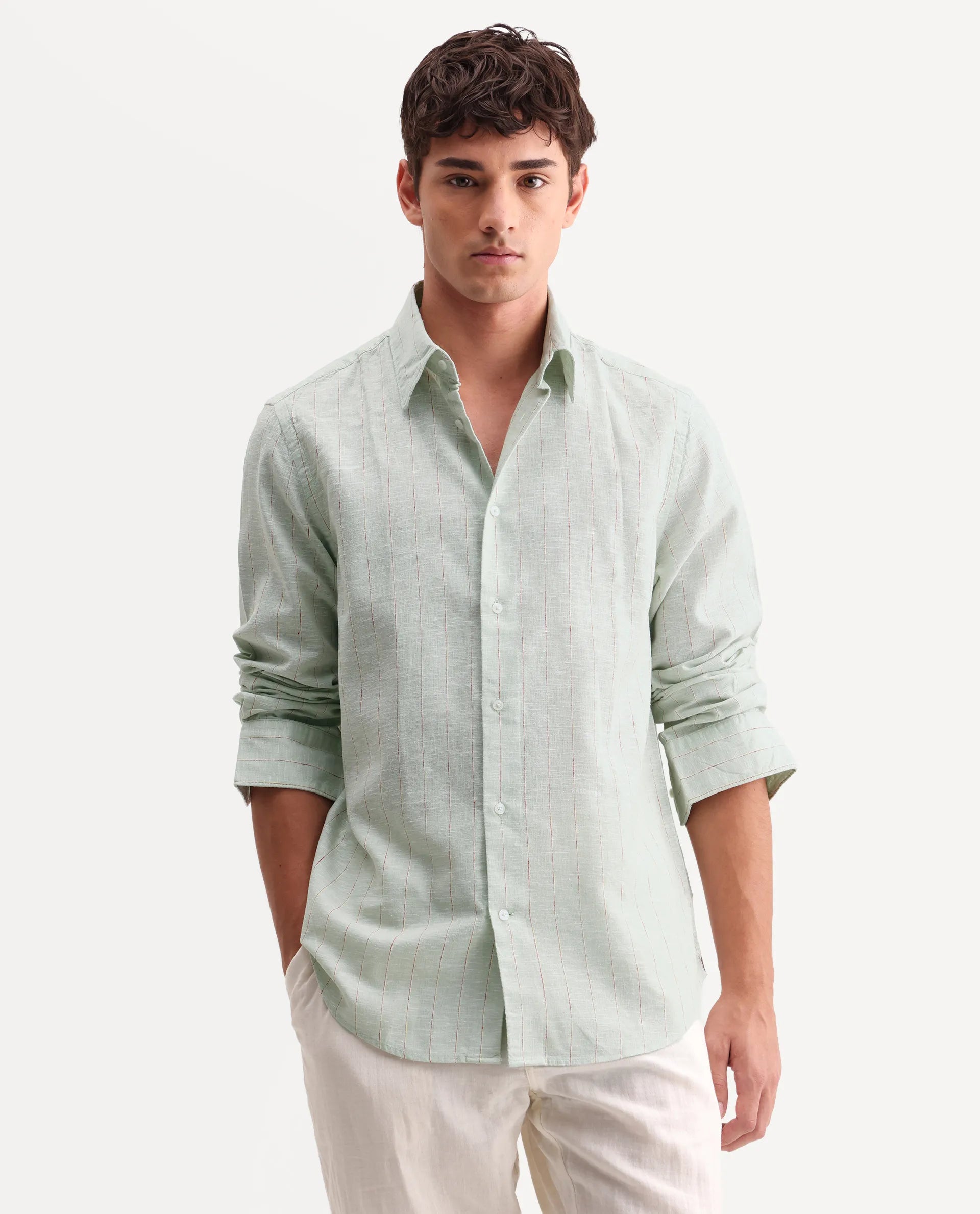 Rare Rabbit Men's Opis Sage 100% Linen Striped Print Regular Fit Full Sleeve Collared Shirt