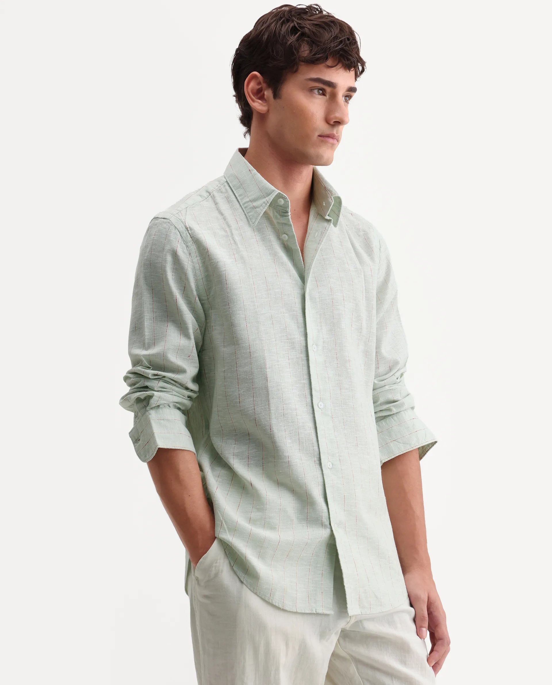 Rare Rabbit Men's Opis Sage 100% Linen Striped Print Regular Fit Full Sleeve Collared Shirt