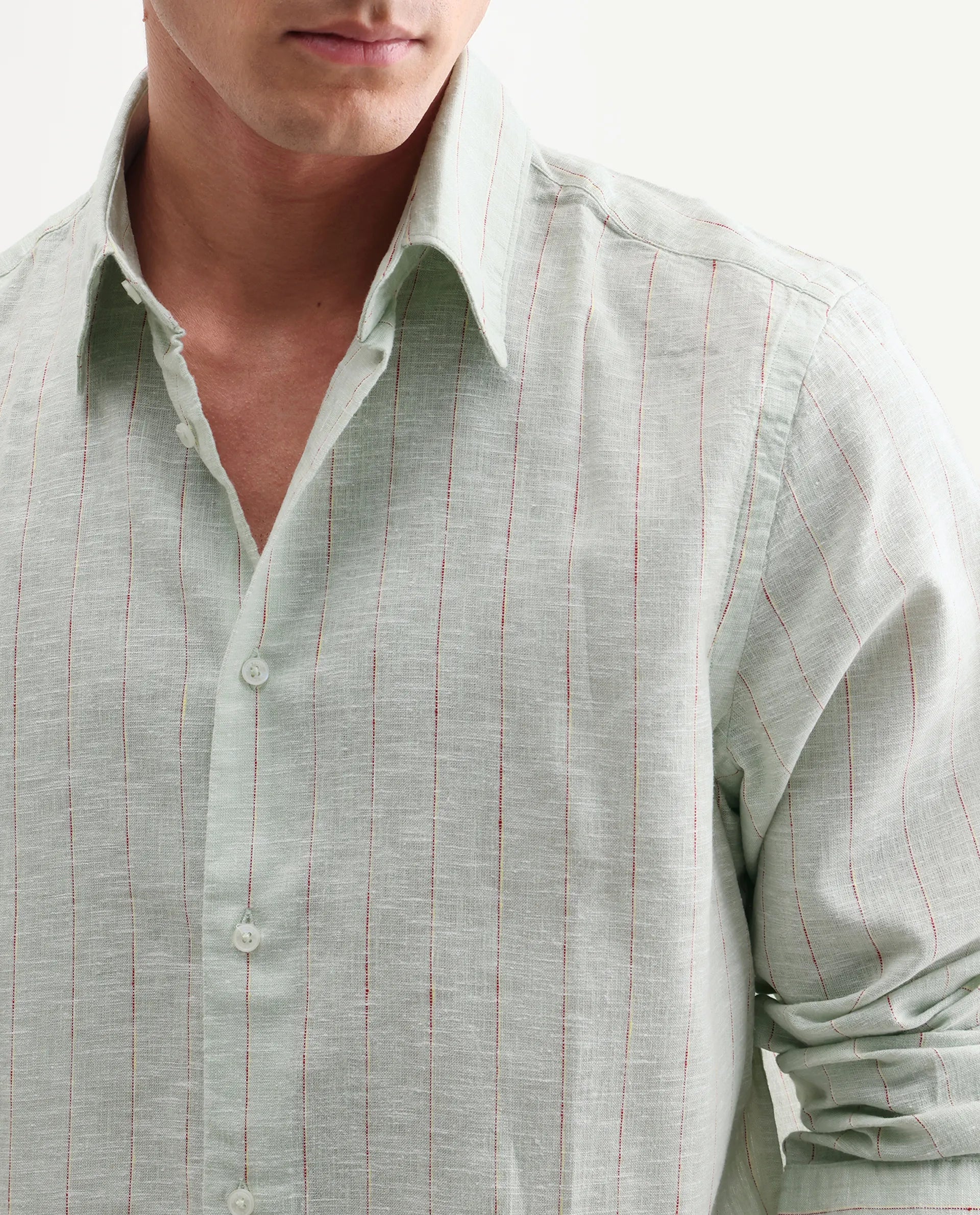 Rare Rabbit Men's Opis Sage 100% Linen Striped Print Regular Fit Full Sleeve Collared Shirt